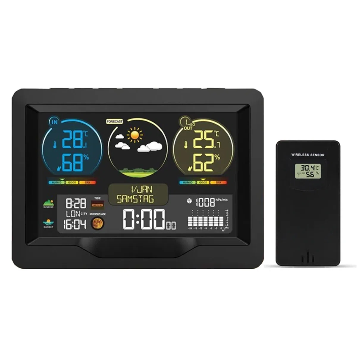 Termometr pogodowy, stacja pogodowa z kolorowym ekranem, wielofunkcyjny budzik, termometr, higrometr z bezprzewodowym czujnikiem zewnętrznym，With 1 Black Sensor