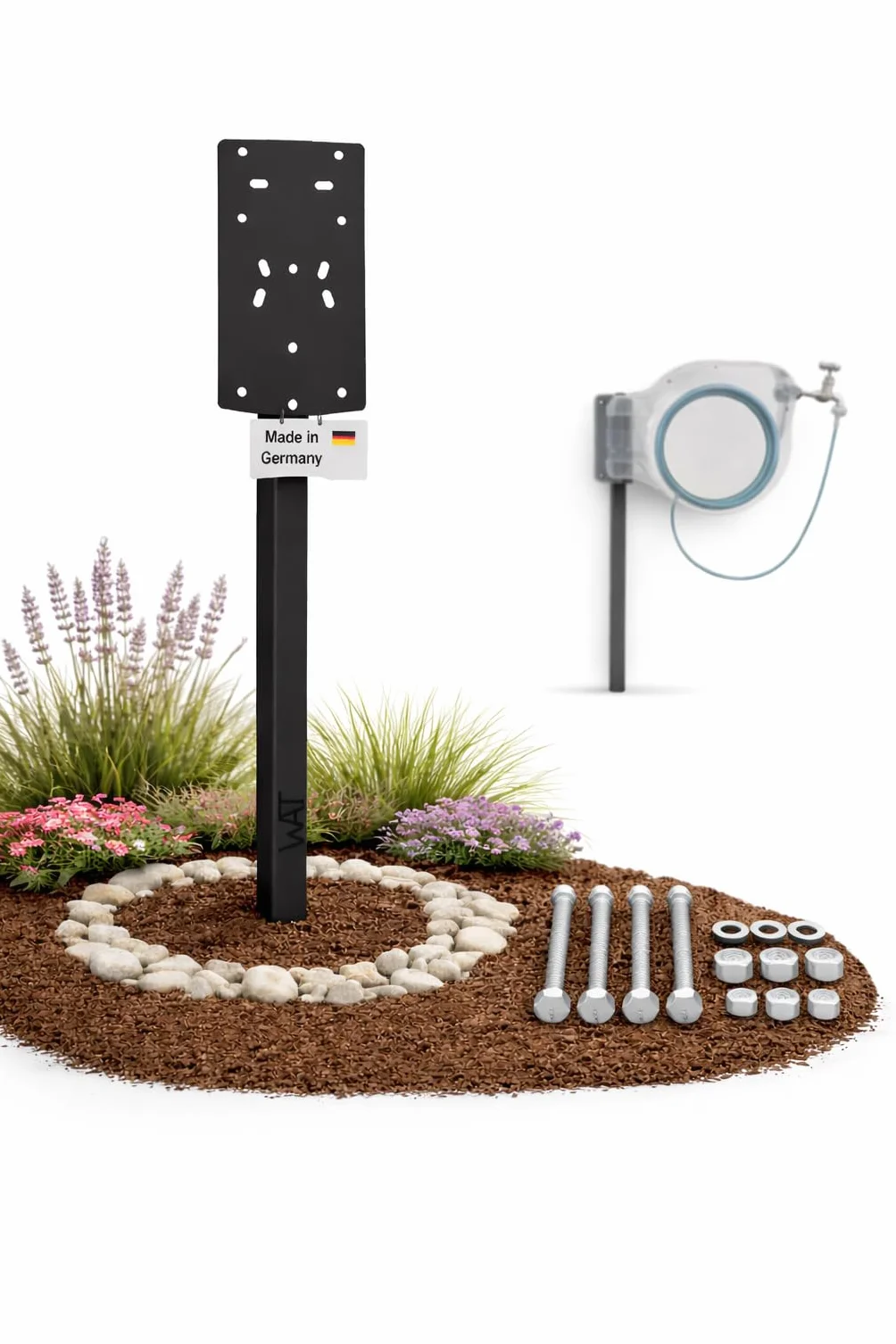 Uchwyt do pojemnika na wąż i bęben na wąż – wolnostojący i stabilny – kompatybilny z Gardena®, Amazon Basic® i innymi – nie wymaga montażu na ścianie