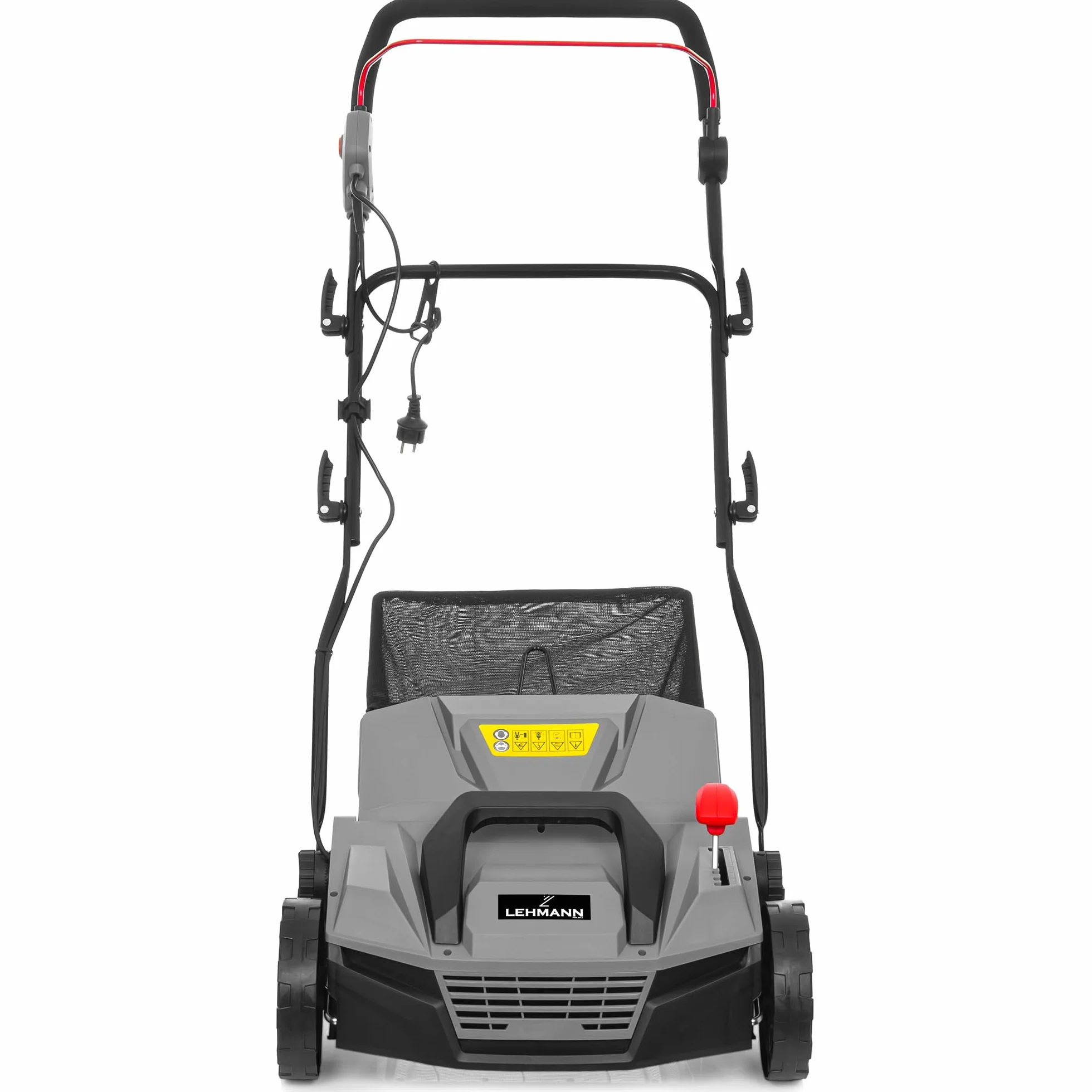 LEHMANN Elektryczny wertykulator i napowietrzacz trawnika 2 w 1, 1800 W, szerokość robocza 38 cm, 5-stopniowa regulacja głębokości roboczej, wertykulator trawnika z koszem na trawnik o pojemności 48 l