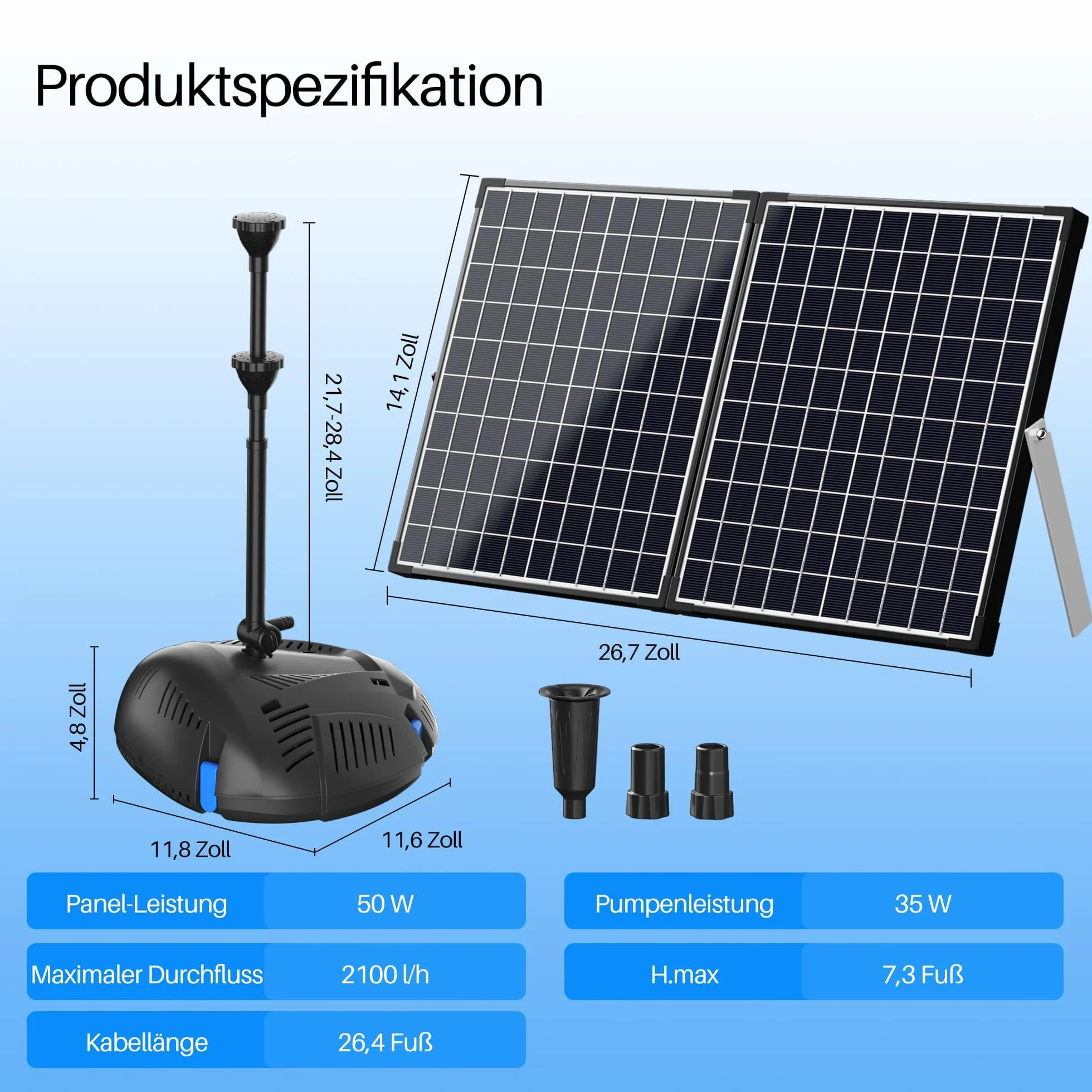 Biling 50W solarna pompa do stawu z filtrem, pompa solarna do stawu o przepływie 2100 L/H, solarna pompa filtracyjna do stawu z 3 dyszami i regulatorem przepływu, kabel 8m dla stawu ogrodowego, małego