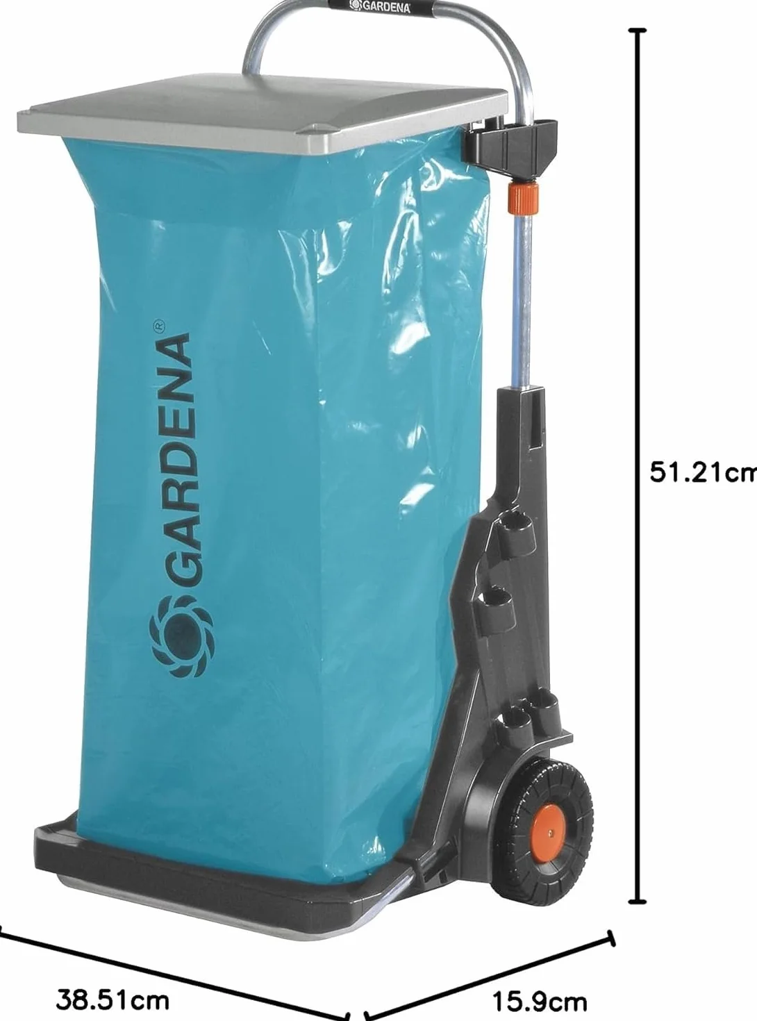 Gardena wózek ogrodowy: uniwersalny wózek transportowy do użytku w ogrodzie, funkcja wózka taczkowego, koła nieniszczące trawnika, z pokrywą i workiem na śmieci (232-20)
