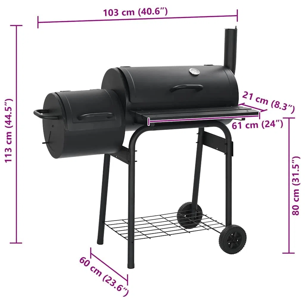 Klasyczny grill na węgiel drzewny, ze stali z termometrem, 3 chromowane ruszty, praktyczna półka, mobilny z 2 kółkami, do ogrodu, na taras, na zewnątrz, bez dymu
