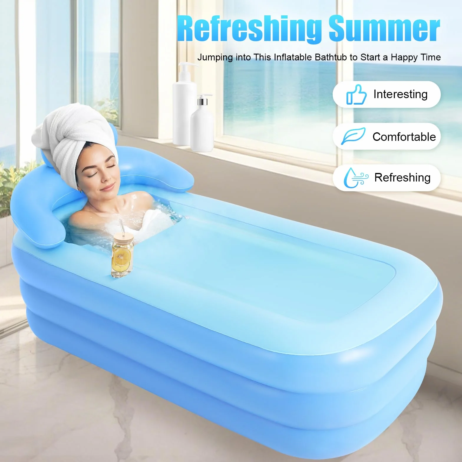 Dmuchana wanna dla dorosłych, XL składana wanna z ergonomicznym oparciem i pokrywą – przenośna wanna spa do kąpieli lodowej, na balkon, do ogrodu, w zestawie poduszka do siedzenia (160 x 84 x 64 cm)