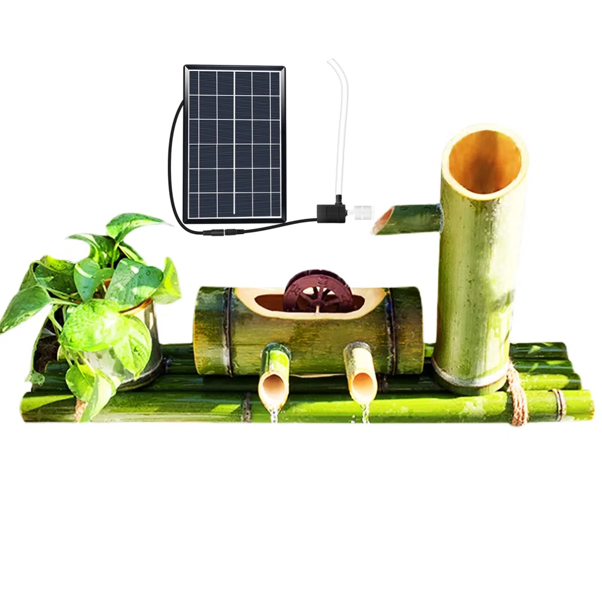 Solarna fontanna wodna z pompką, naturalna bambusowa fontanna na patio, do ogrodu, stawu wewnętrznego, zbiorników na ryby, doniczki na kwiaty