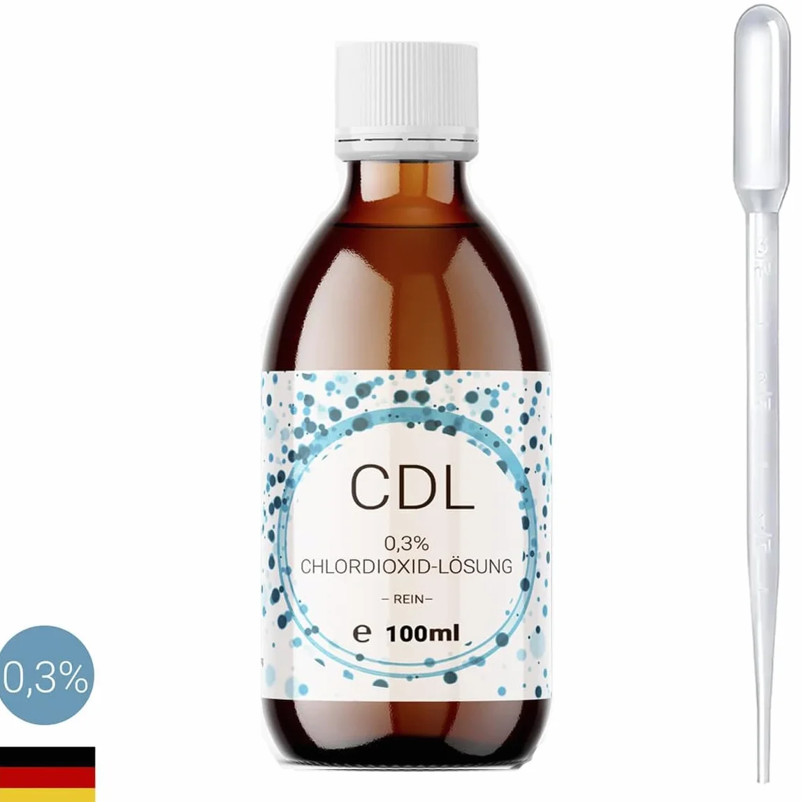 100 ml dwutlenku chloru CDL/CD roztwór 0,3%, destylowany, szklana butelka z kroplomierzem dozującym