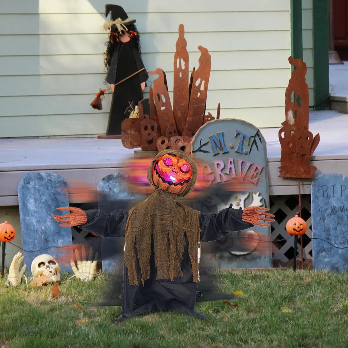 Animatroniczne Dekoracje Halloweenowe Dekoracja Ogrodowa z Dynią i Duchem | Oświetlana Kołysząca z Dźwiękiem na Ogród Taras Święta