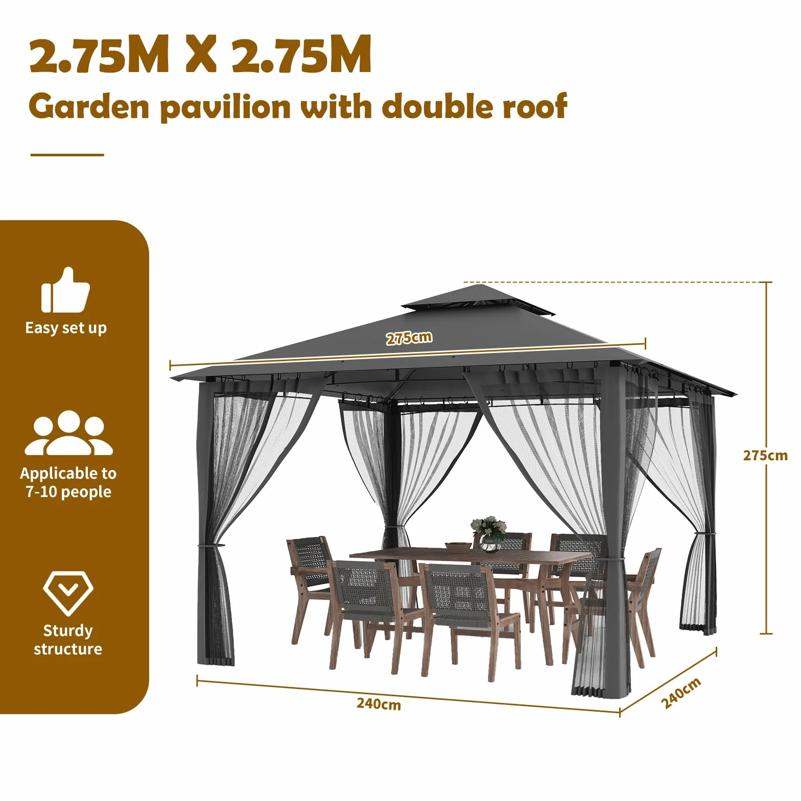Amopatio Pawilon ogrodowy 2,8 x 2,8 m wodoszczelny podwójny dach z moskitierą Deluxe Patio Gazebo namiot imprezowy altana ogrodowa