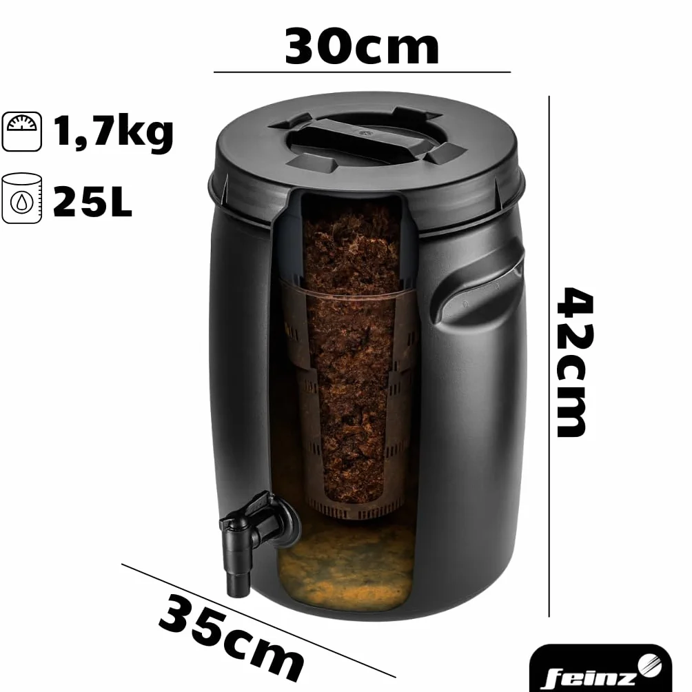 Zbiornik kompostownik 25L z pokrywą i kranikiem – do naturalnej fermentacji produkcji nawozu z roślin – tworzywo sztuczne z wentylacją – idealna na balkon i do ogrodu