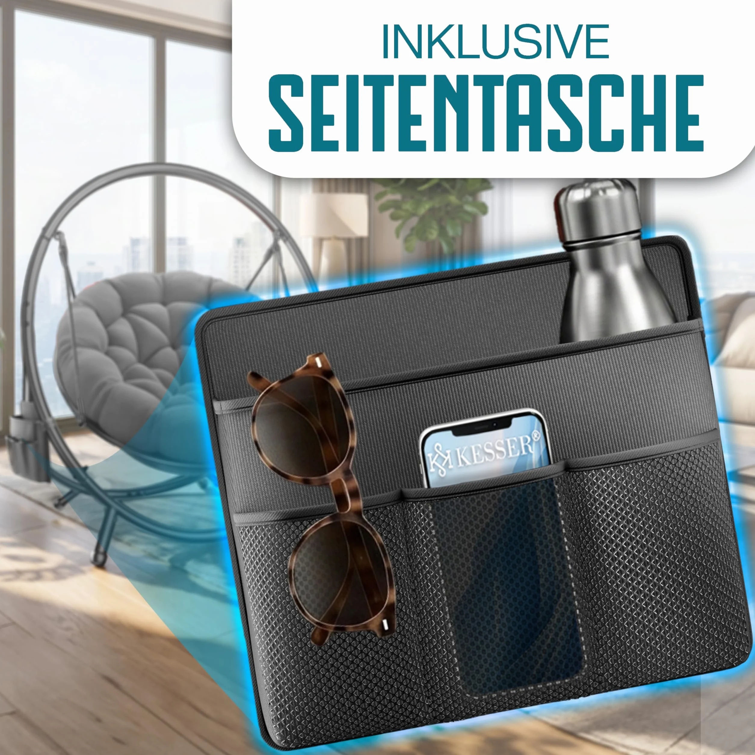 KESSER® Fotel wiszący ze stalowym stelażem, huśtawka, do 150 kg, do użytku wewnątrz i na zewnątrz, z poduszką i kieszenią boczną, kosz wiszący, piankowa poduszka, idealny do salonu i ogrodu