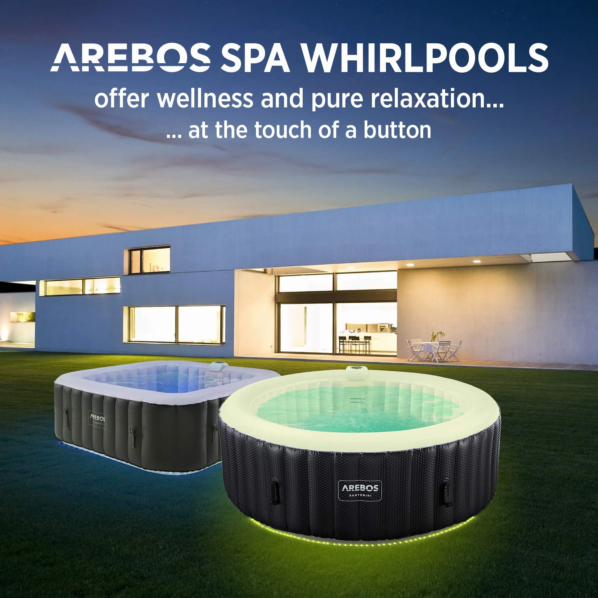 Arebos Nadmuchiwane Spa | Automatyczny nadmuchiwany | do wnętrz i na zewnątrz | 208 cm | 6 osób | Listwa świetlna LED | 130 dysz masujących | 1000 litrów | z pokrywką | Spa i dobre samopoczucie