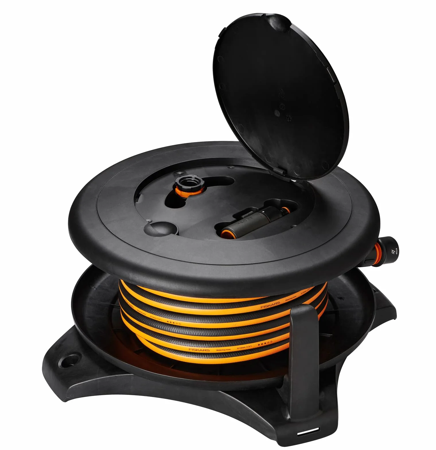 Fiskars Bęben z wężem L, Całkowity zasięg 31,5 m, Wąż ogrodowy ø 13 mm, Uniwersalna złączka ø 13-15 mm, Dysza zraszająca, Czarny/pomarańczowy