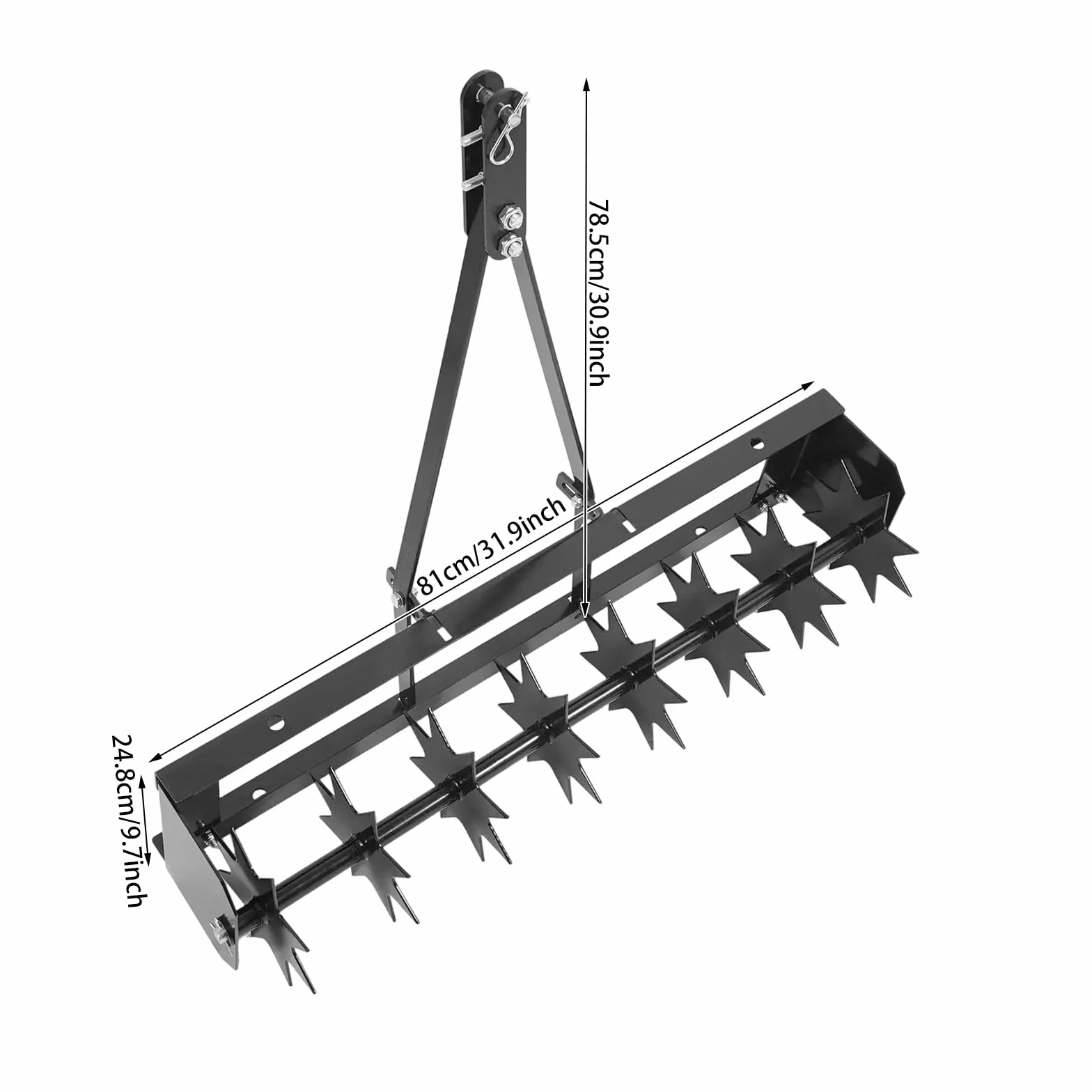 Napowietrzacz do trawy, 81 cm, do kosiarki z siedziskiem, 8-gwiazdkowy aerator o głębokości roboczej 5 cm, wałek do aeratora trawnika do ogrodu i trawnika, dodatkowy ciężar 45 kg (czarny)