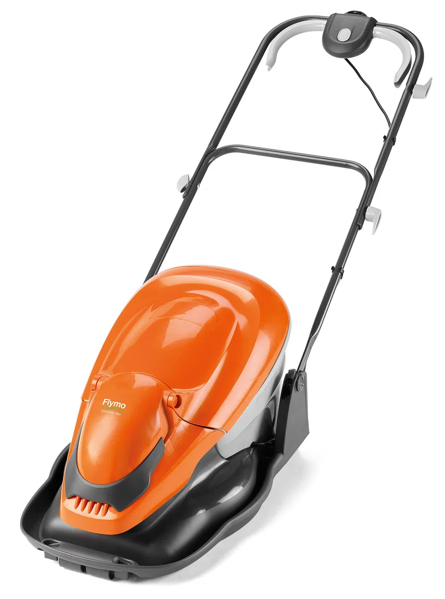 Flymo EasiGlide 360 Hover Collect kosiarka do trawy – silnik 1800 W, szerokość koszenia 36 cm, skrzynka na trawę 26 l, płasko złożona, długość kabla 10 m, pomarańczowy i szary