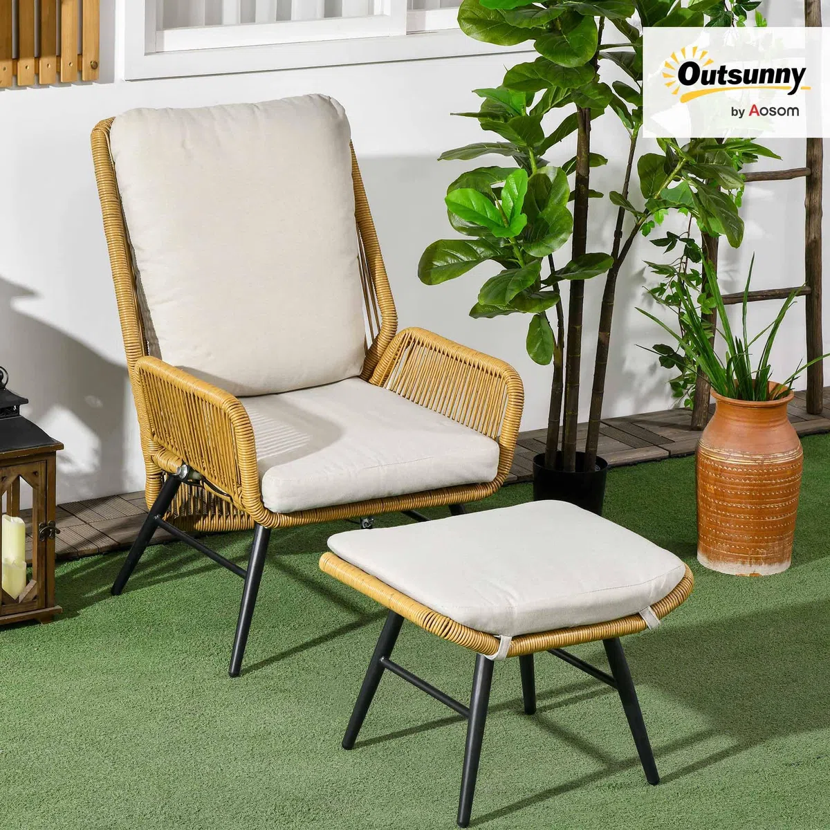 Outsunny Rattan fotel relaksacyjny z podnóżkiem, fotel ogrodowy z regulowanym oparciem, krzesło rattanowe z poduszką, do ogrodu, na balkon, stal, poliester, naturalny