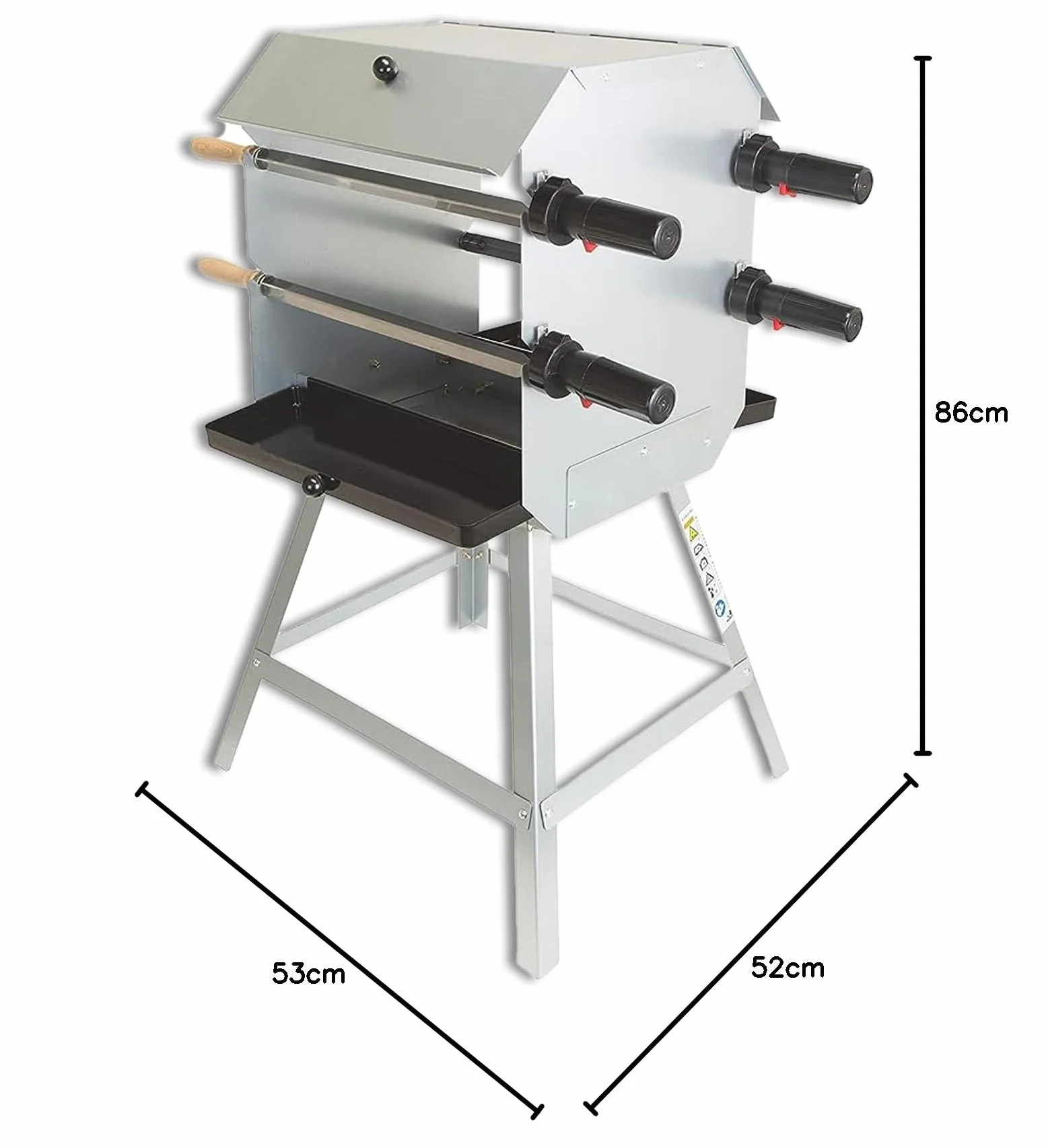 Grill do pieczenia, drewniany grill z 4 rożnami, w zestawie z silnikami zasilanymi bateryjnie, na 52 porcje, grill obrotowy, grill mango. Wymiary po zmontowaniu: (wys.) 86 cm x (gł.) 53 cm x (wys.) 52 cm