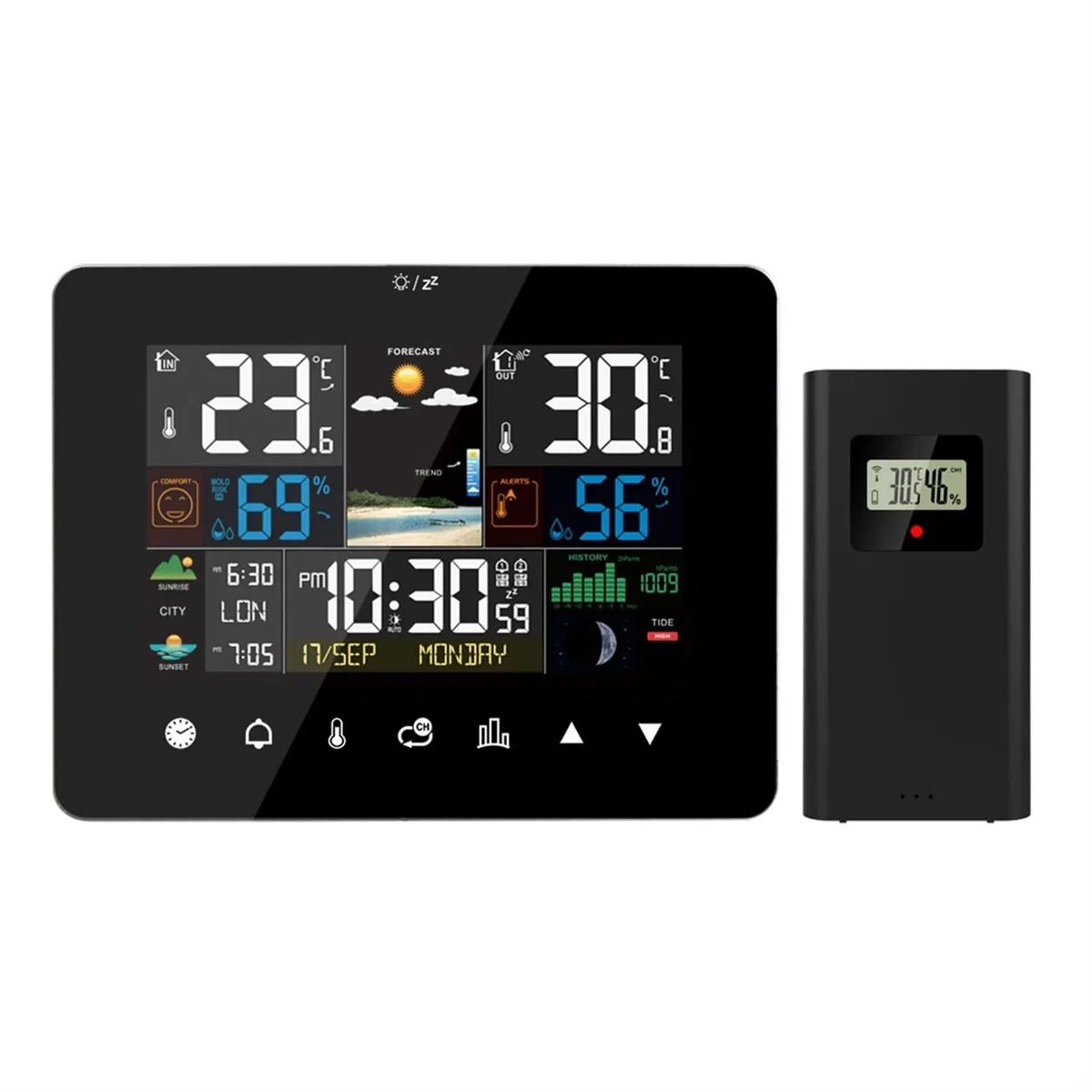 Cyfrowa stacja pogodowa, wielofunkcyjny budzik, termometr, higrometr, ekran dotykowy, bezprzewodowy czujnik zewnętrzny, wyświetlacz wielu danych，With 1pcs Sensor