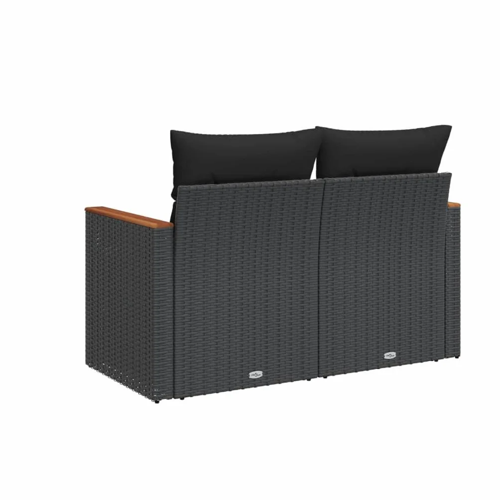 vidaXL Sofa ogrodowa z poduszkami, 2-osobowa, czarna, z polirattanu