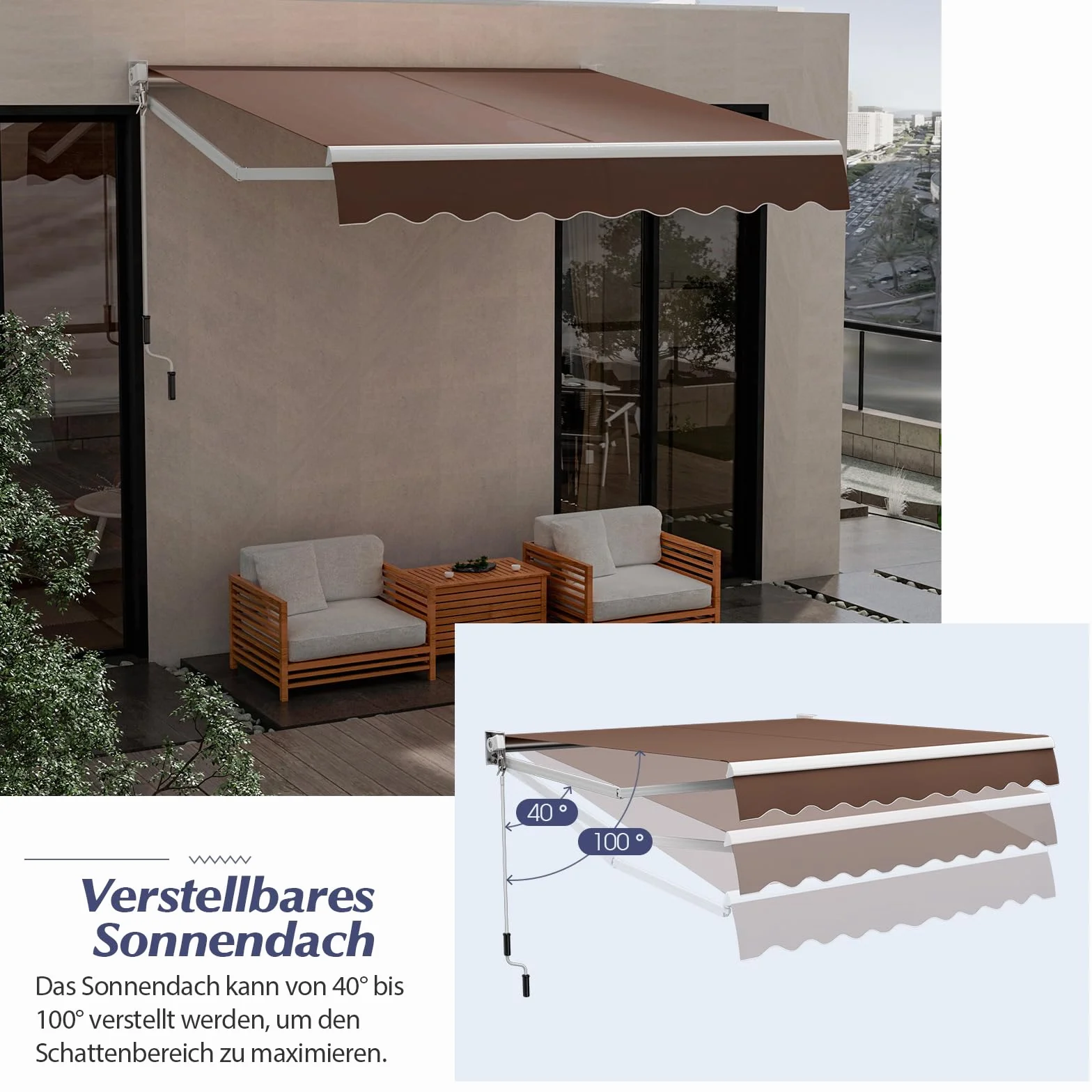 COSTWAY 3 x 2,5 m markiza z ramieniem przegubowym, markiza balkonowa, tarasowa, markiza zaciskowa z materiału odpornego na promieniowanie UV i wodę, aluminiowa rama i korba, na balkon i werandę