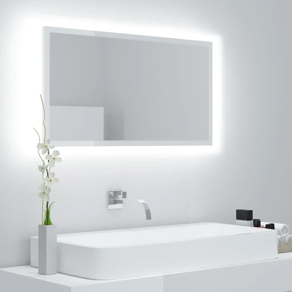 Lustro łazienkowe LED wysoki połysk białe 80 x 8,5 x 37 cm akryl, szafki i przechowywanie, szafki pod umywalkę, szafki łazienkowe