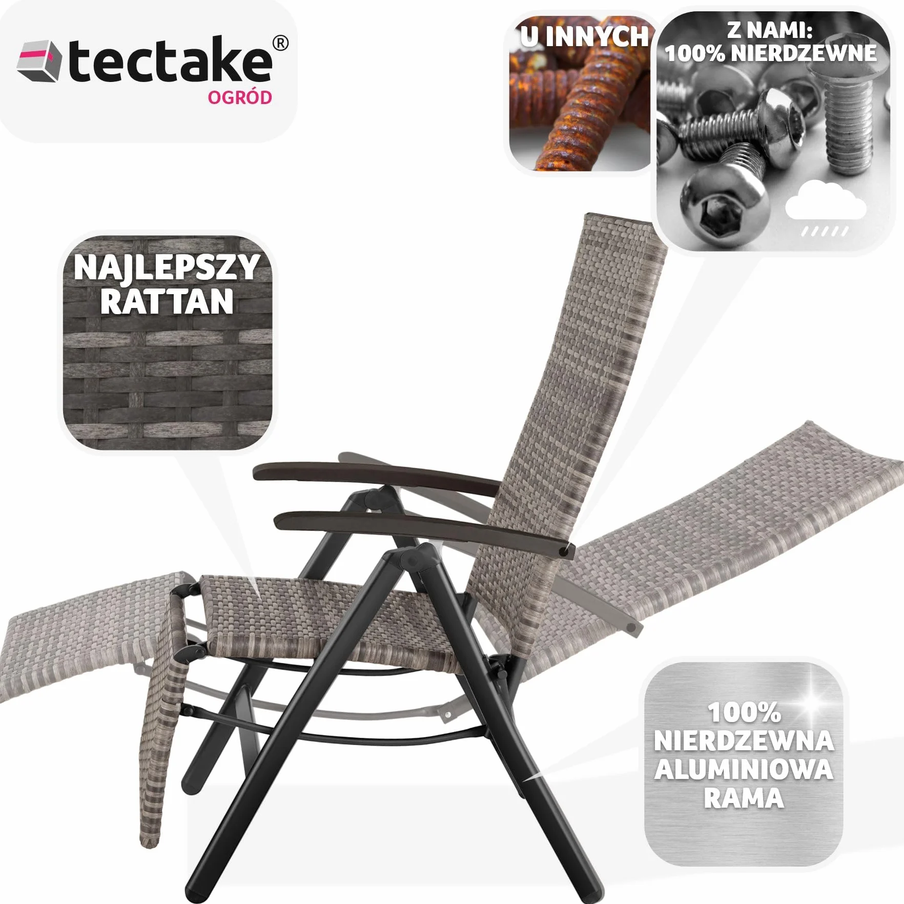 tectake®, Składany Fotel Ogrodowy, Rattanowe Krzesło Relaksacyjne, Regulacja Oparcia, Podnóżek, Plecionka UV, Aluminium, Antypoślizgowe Nóżki, Leżak Plażowy, Balkonowy, Na Taras (Szary)
