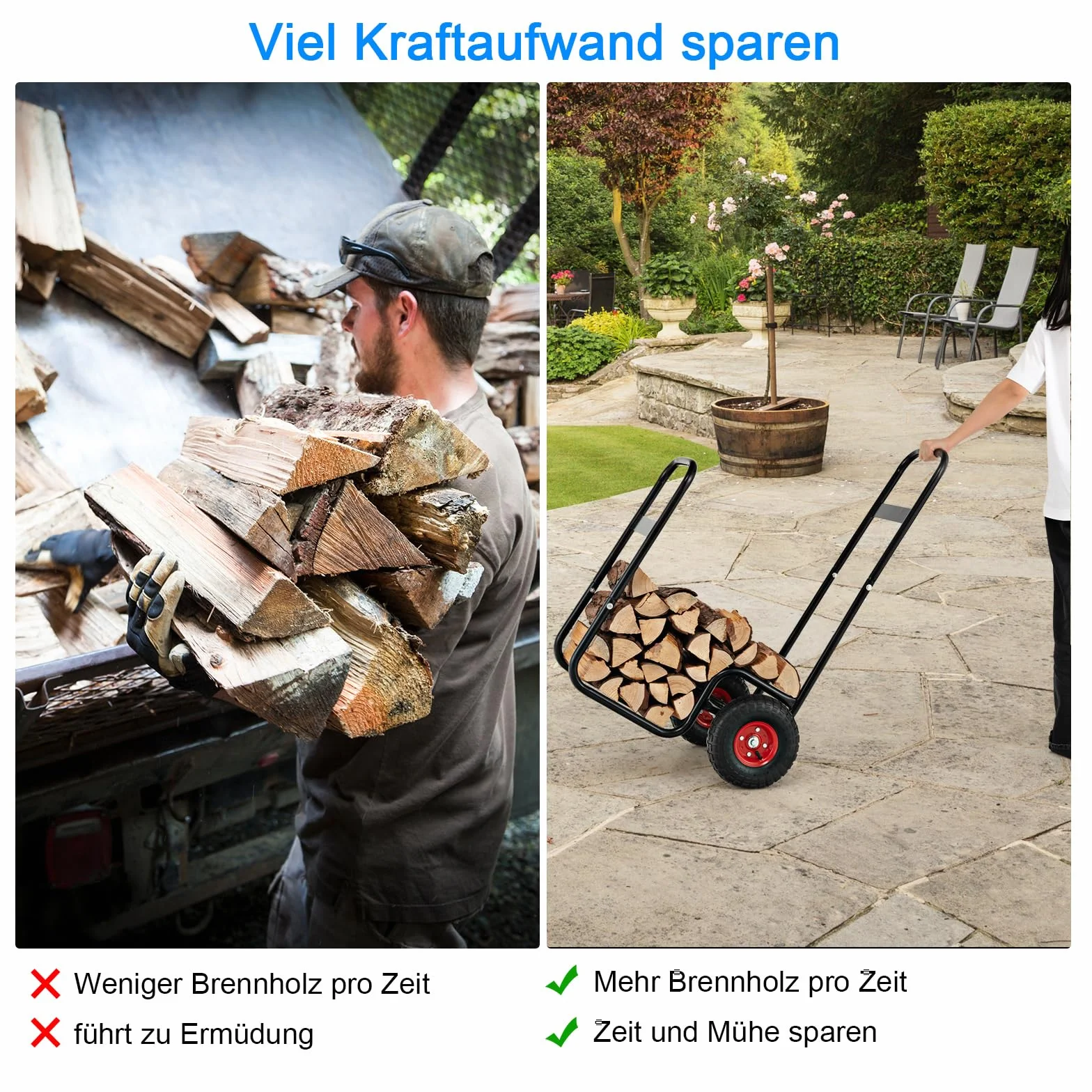 COSTWAY Wózek na Drewno Kominkowe z Kółkami, Metalowy Regał do Przechowywania i Transportu Drewna, Nośność do 100 kg, 66x51x111 cm