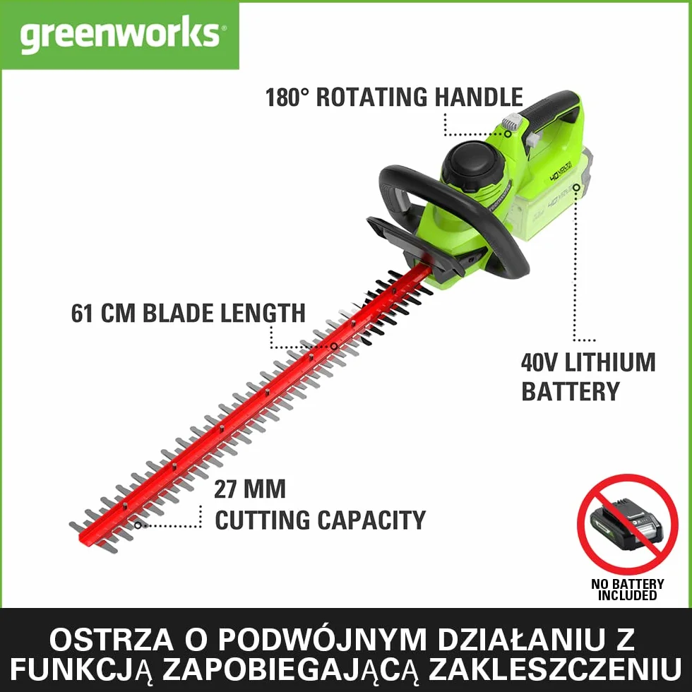 Greenworks G40Ht61 Nożyce do Żywopłotu, Zielony/Czerwony, 24,5 x 22,2 x 99,5 cm; 2,8 kg