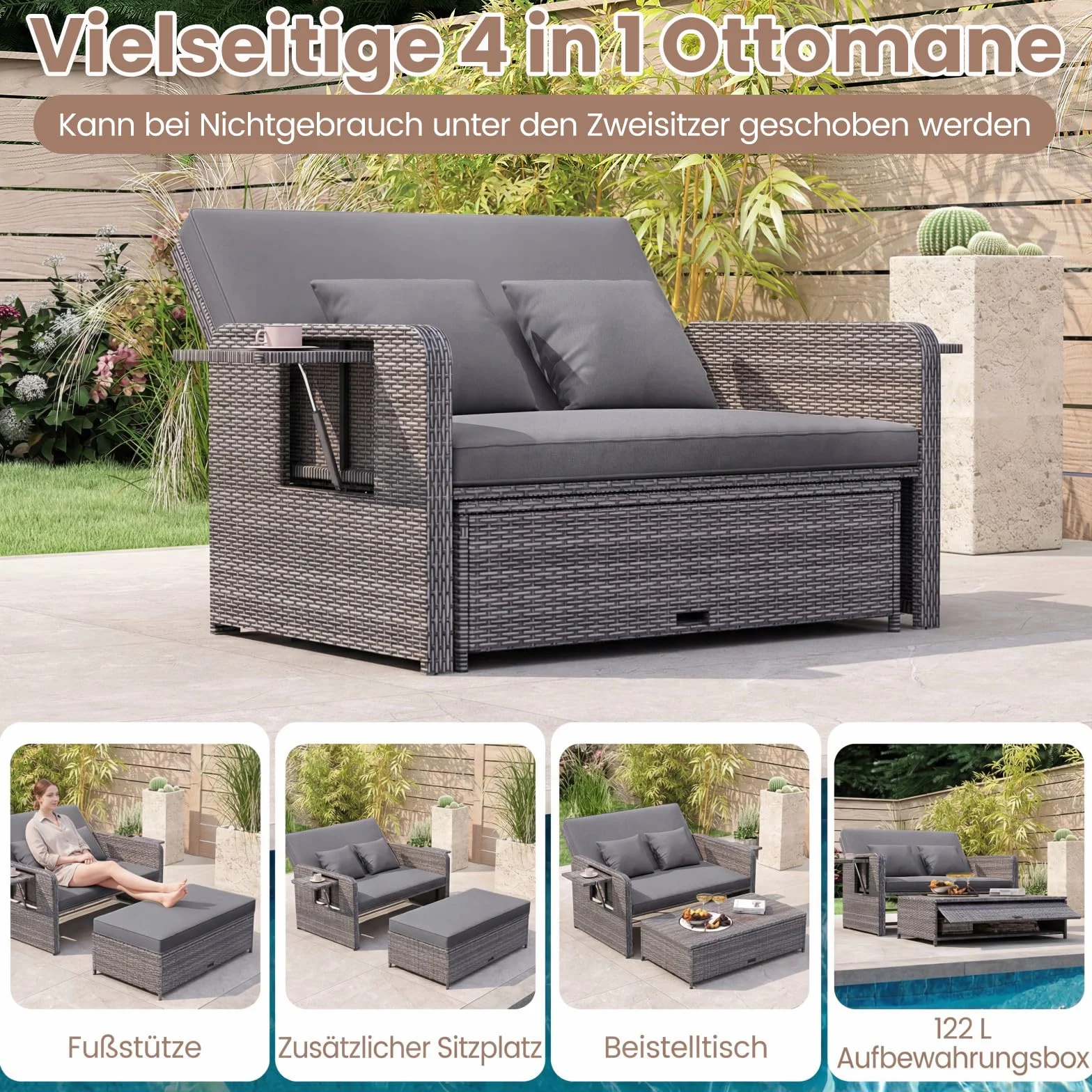 COSTWAY Sofa rattanowa, meble do użytku na zewnątrz, sofa ogrodowa z funkcją leżenia, 2-osobowa sofa ogrodowa z poduszkami i półkami bocznymi, meble ogrodowe z polirattanu, mały balkon (mieszanka