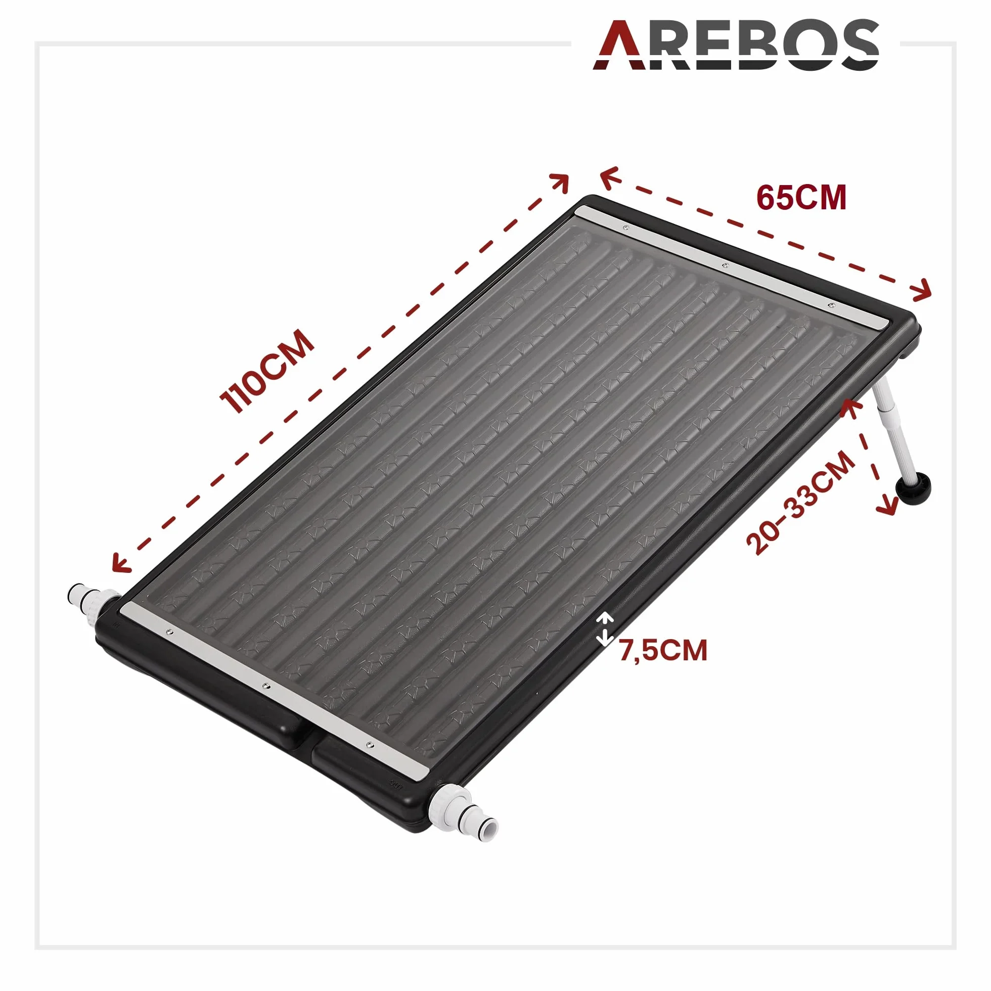 Arebos Słoneczny podgrzewacz basenu | 110 x 65 x 7,5 cm Słoneczny podgrzewacz basenu | pojemność do 15 litrów | przepływ do 10 000 L/h | przyłącze węża Ø 32/38 mm | materiały montażowe w zestawie