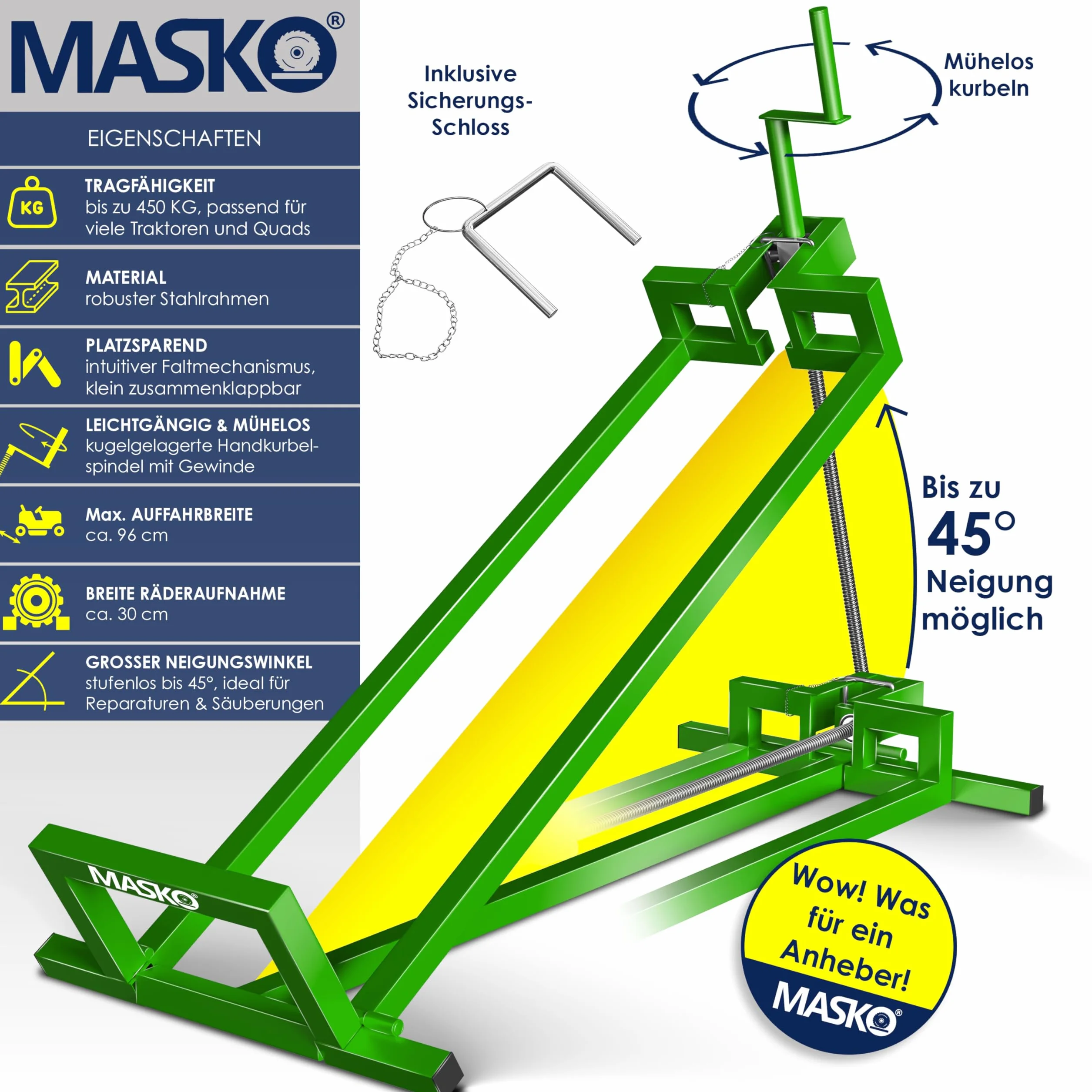 MASKO® Podnośnik do traktora ogrodowego XXL, 450 kg, podnośnik do kosiarki, uniwersalny podnośnik do traktora, regulowany kąt nachylenia 45°, w zestawie rękawice robocze i szczotka, zielony