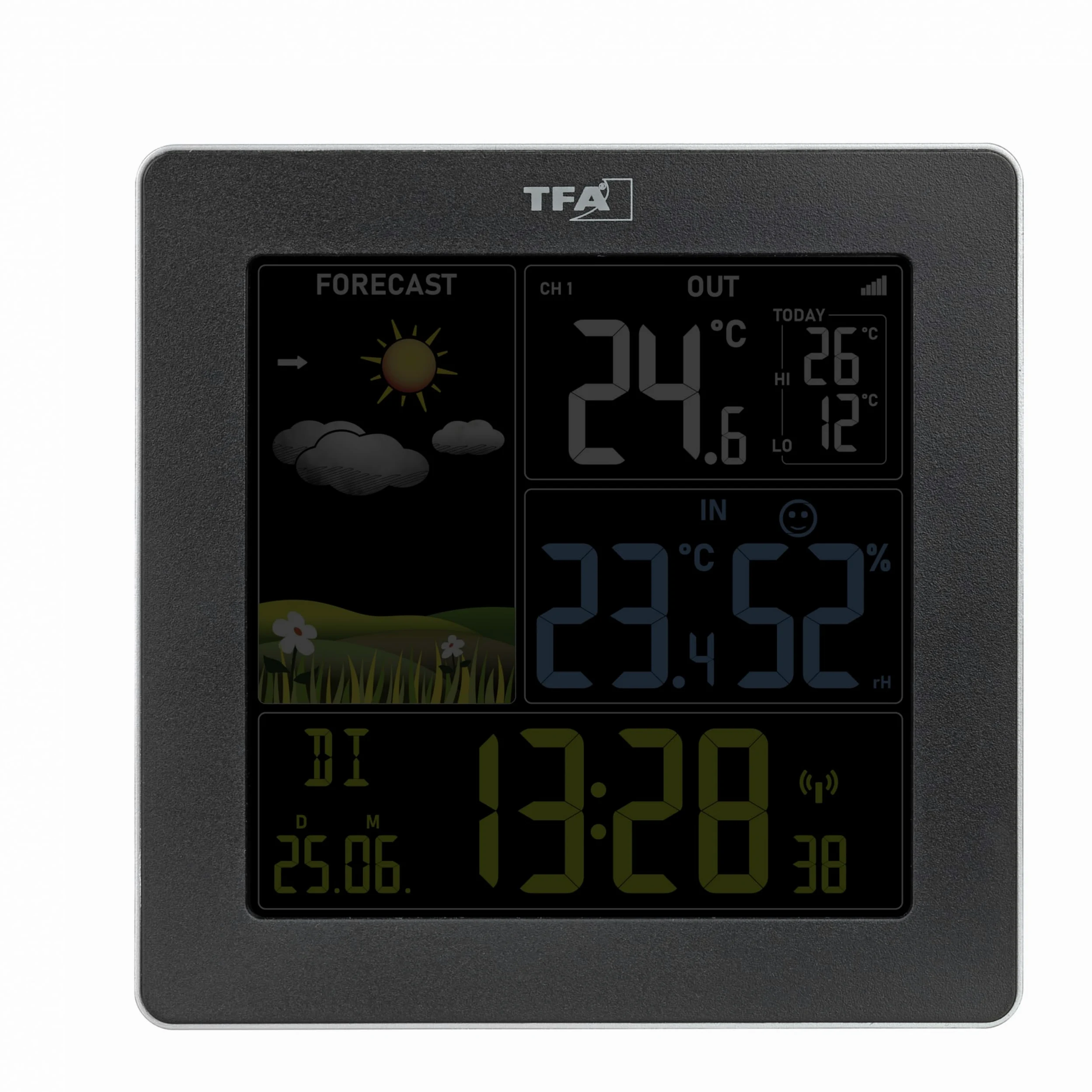 TFA Dostmann Radiowa stacja pogodowa SUN2 z czujnikiem zewnętrznym, 35.1174, do temperatury wewnątrz i na zewnątrz, duży kolorowy wyświetlacz, klimat mieszkania, zegar radiowy z datownikiem,