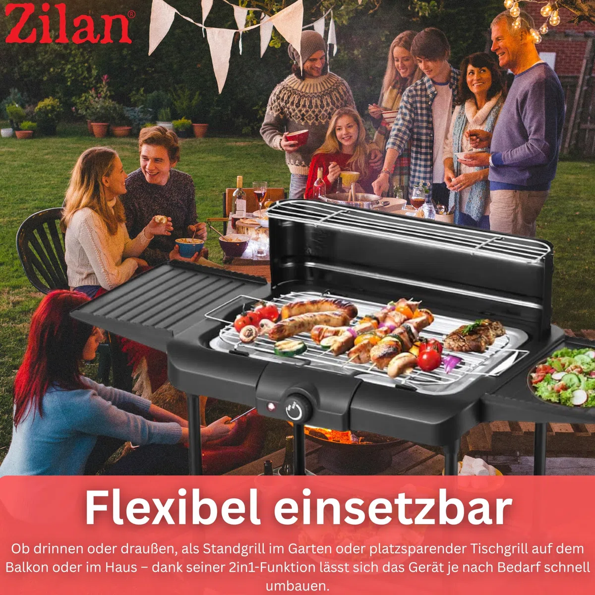 Elektryczny grill stołowy 2 w 1, 2 w 1, 2400 W, grill elektryczny, na balkon, do użytku na zewnątrz i wewnątrz, z podstawką, duża powierzchnia grillowa, bezstopniowa regulacja temperatury, elektryczny