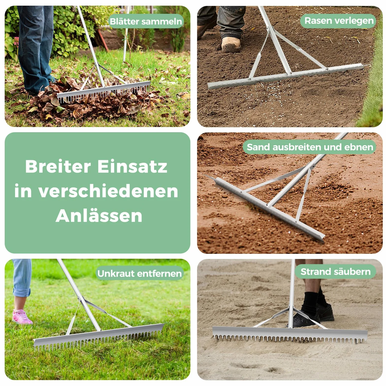 FANTASK Grabie z głowicą grabiącą o szerokości 91 cm i długim uchwytem, aluminiowa grabie ogrodowe z 36 zębami, miotła do liści, grabie do spulchniania gleby, pielęgnacja krajobrazu