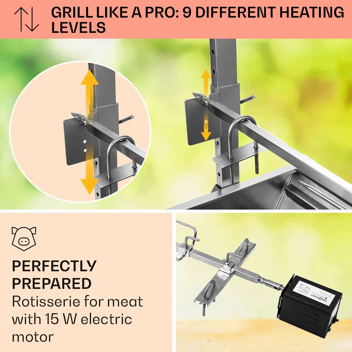 OneConcept Grill rożnowy 2w1 z silnikiem, Grill z obrotowym rożnem, Duży rożnowy do kurczaka i prosiaka, z silnikiem, z rusztem ze stali, Duży węglowy na kółkach