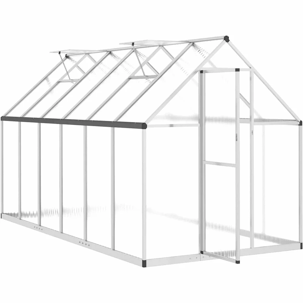 Aluminiowa szklarnia 334x169x195 cm srebrna | Odporna na warunki atmosferyczne rama, płyta poliwęglanowa, 5-kątne okno wentylacyjne, drzwi skrzydłowe