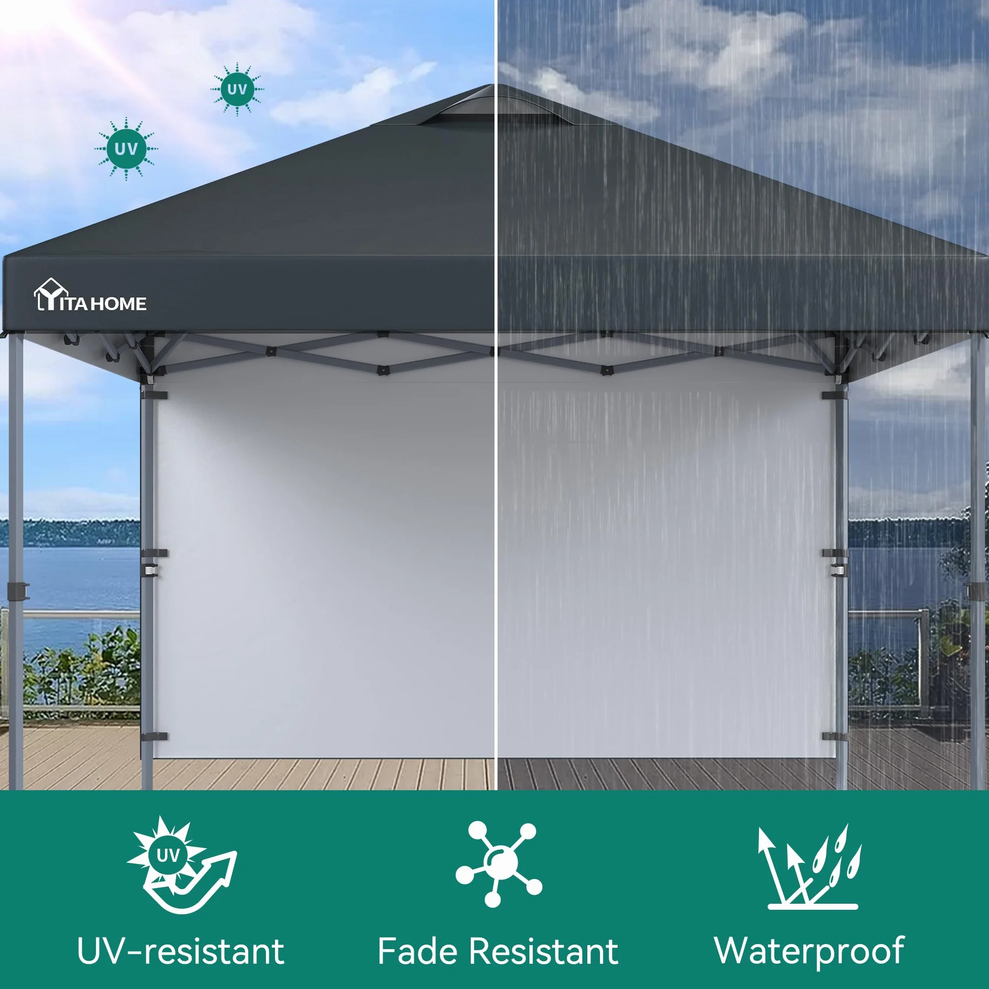 YITAHOME Namiot rozkładany 3 x 3 m z 1 ścianą boczną, wodoodporny, składany, ogrodowy, kempingowy, imprezowy, baldachim, z torbą do przechowywania, 4 torby obciążeniowe, na patio, targ, plażę,