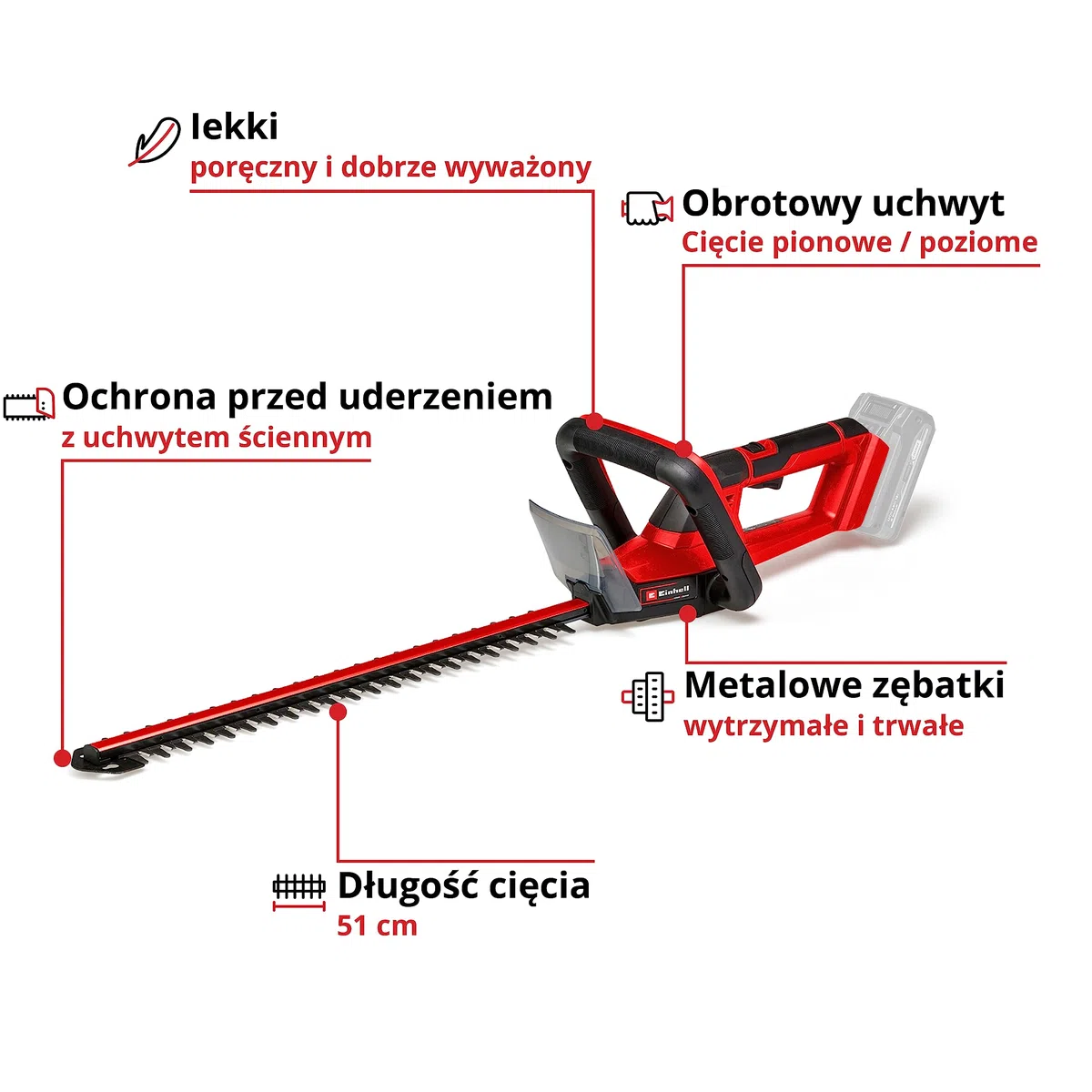 Einhell Akumulatorowe nożyce do żywopłotu GC-CH 18/50 Li Solo Power X-Change (Li-Ion, 18 V, metalowa przekładnia, aluminiowa osłona ostrza, z walizką, bez akumulatora i bez ładowarki)