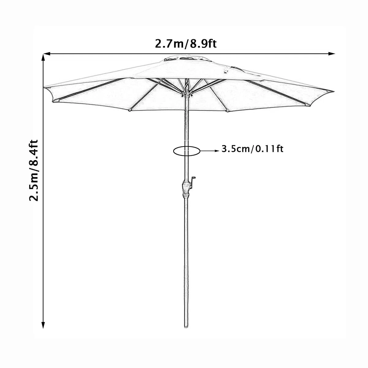 Parasol ogrodowy, duży parasol, parasol ogrodowy, żelazny słup, używany na zewnątrz, w ogrodzie, na balkonie itp., 2,7 m