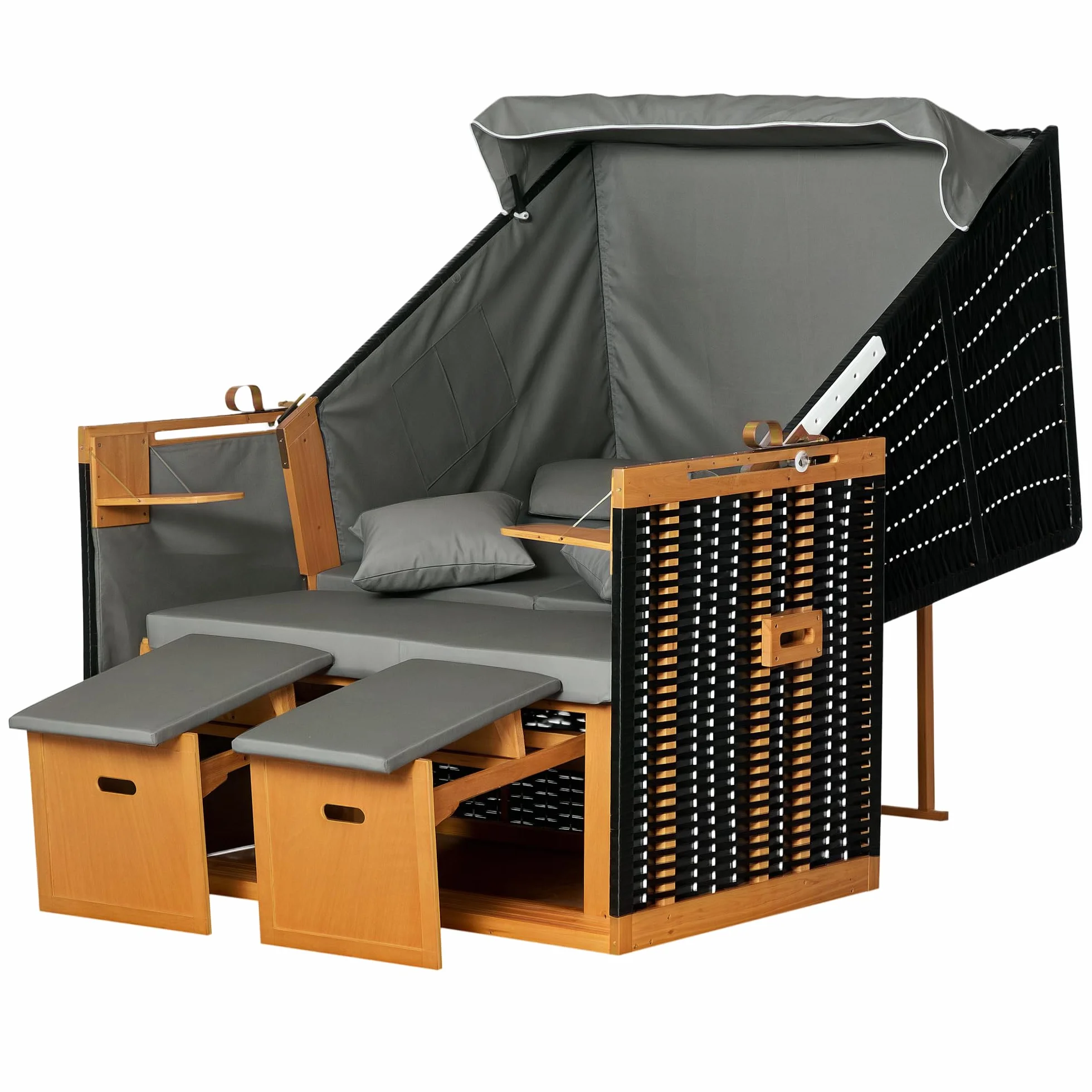 Outsunny kosz plażowy z podnóżkiem i stołem składanym pełna pozycja leżąca leżak ogrodowy z uchwytami na napoje rattan PE kolor jasnoszary 118 x 79 x 150 cm