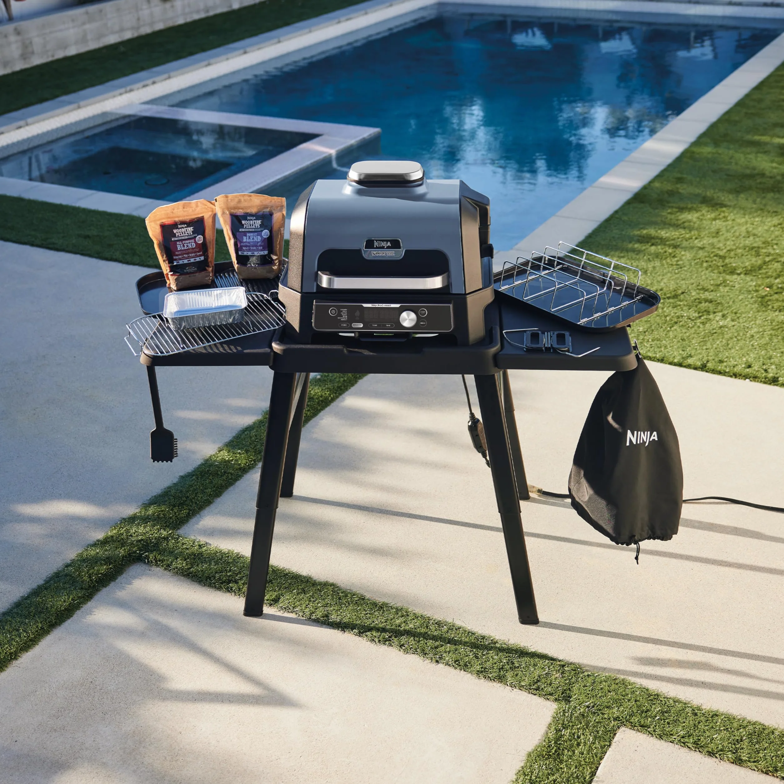 Ninja Woodfire Pro Connect XL Grill elektryczny, wędzarnia i frytkownica 7 w 1, sterowany za pomocą aplikacji, termometr cyfrowy z sondą, opalany pelletem drzewnym, wodoodporny, czarny, OG901EU