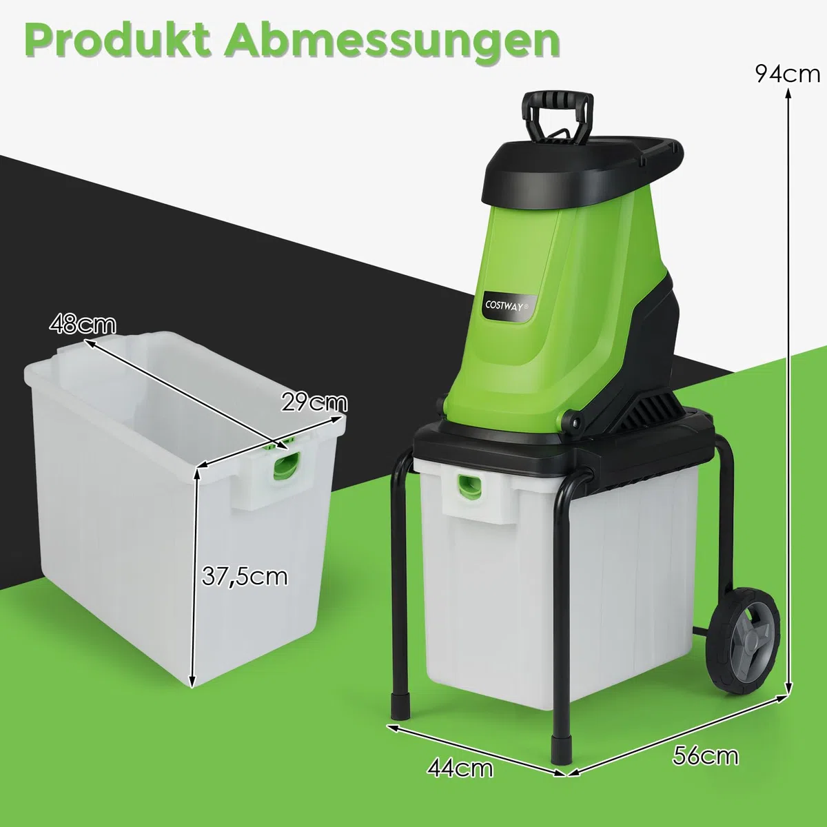 COSTWAY rozdrabniacz ogrodowy 2800 W, elektryczny rozdrabniacz ogrodowy, elektryczna wiórkarka walcowa z kołami, 50 L pojemnik na ścinki | grubość cięcia 45mm | z kablem, rozdrabniacz do ogrodu i