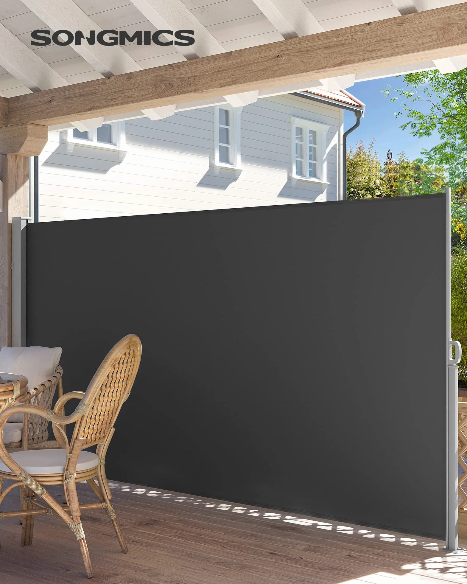 SONGMICS Osłona boczna, wysuwana, 160 x 350 cm, ochrona przed słońcem, nieprzejrzysta roleta zewnętrzna, na taras, do ogrodu, stal, antracytowo-szara GSA165G02