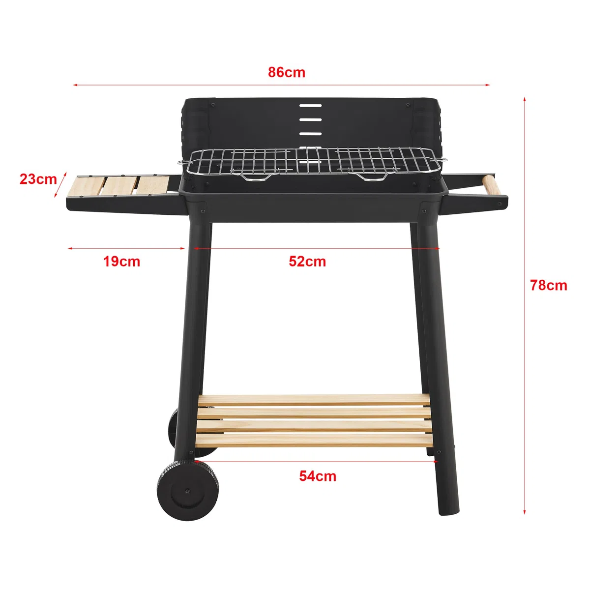 casa.pro Grill na kółkach Ari, grill na węgiel drzewny, ruszt do grillowania z emaliowanej stali nierdzewnej, grill ogrodowy, 2 koła, ochrona przed wiatrem, z regulacją wysokości rusztu 78 x 86 x 30