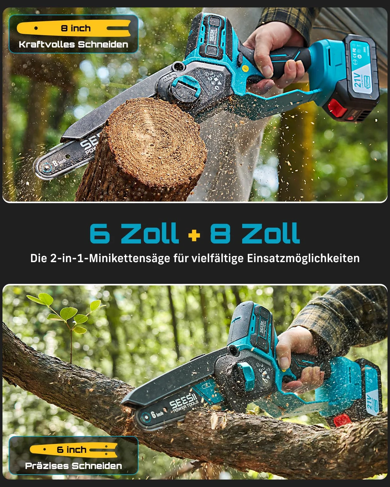 SEESII Mini piła łańcuchowa, 1000 W, bezszczotkowa piła łańcuchowa z 2 bateriami 4000 mAh, mała piła z automatycznym smarowaniem łańcucha i naprężeniem łańcucha bez użycia narzędzi, piła do gałęzi