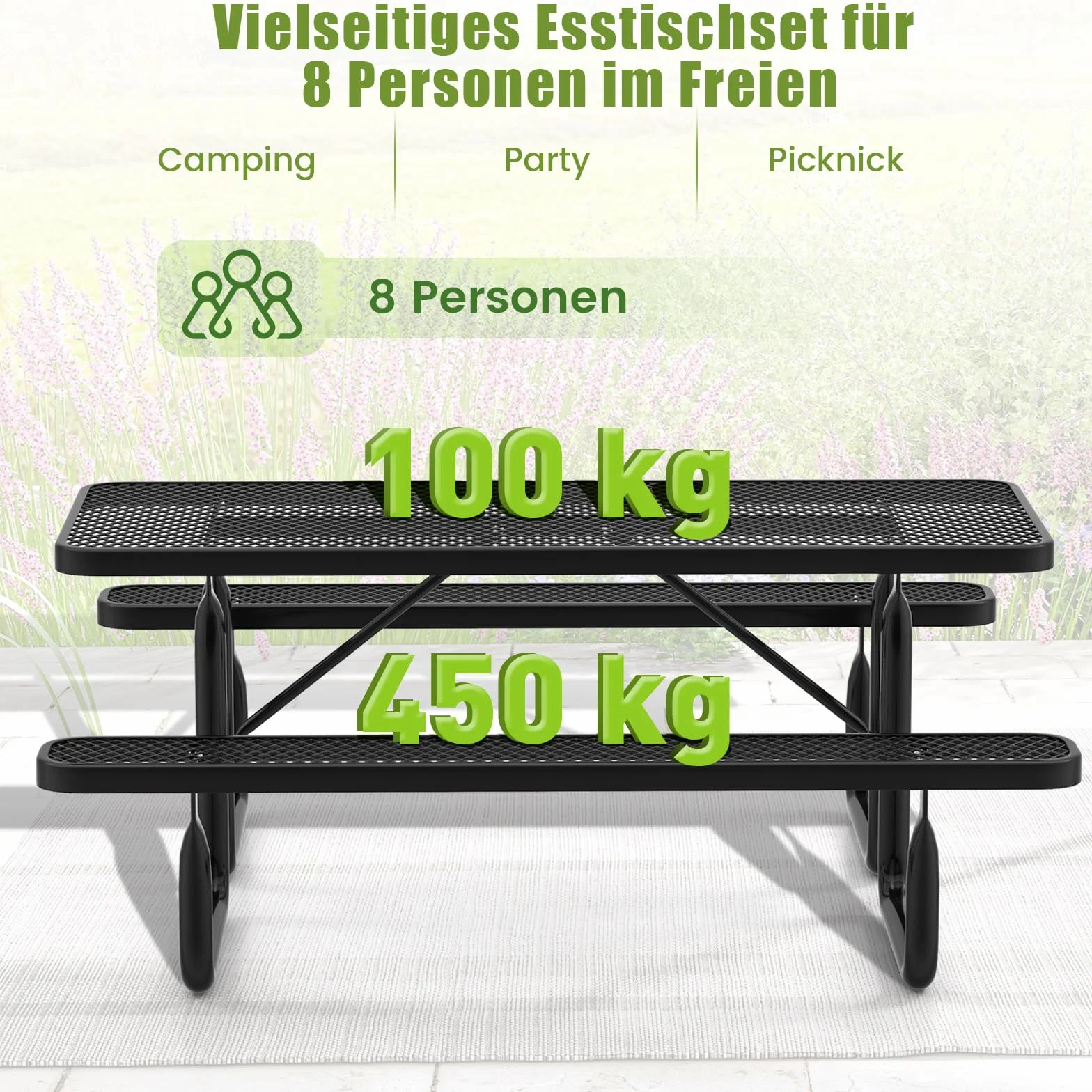 COSTWAY Zestaw do namiotu piwnego 184 cm, z powlekanego metalu, odporny na warunki atmosferyczne stół piwny z 2 ławkami, zestaw do siedzenia dla 8 osób, do ogrodu, na taras, czarny