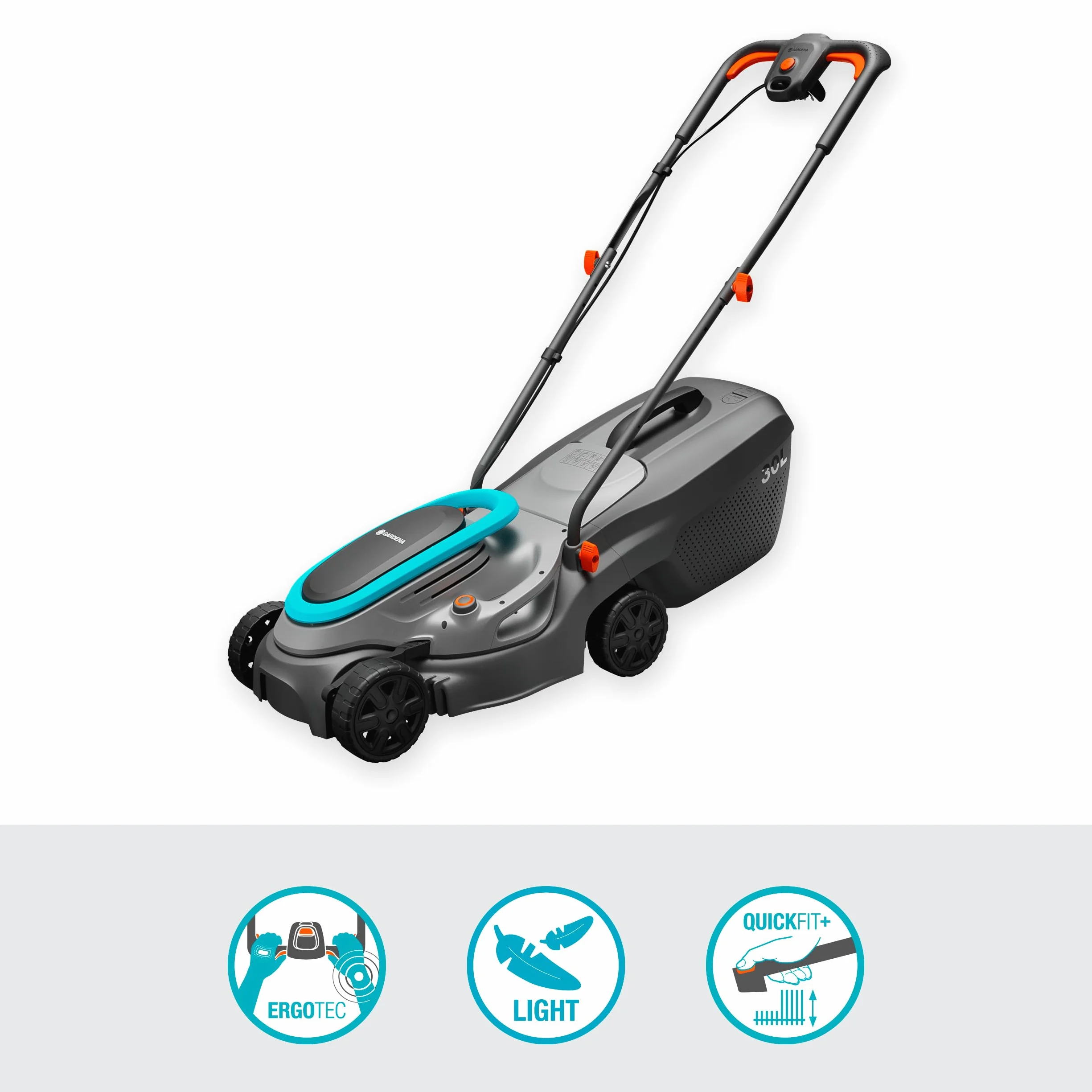 Gardena elektryczna kosiarka PowerMax 32/1200 G2: Kosiarka do 300 m², moc 1200 W, szerokość cięcia 32 cm, objętość 30 l, wysokość cięcia 35 do 65 mm, uchwyt ErgoTec, składany (14633-20)