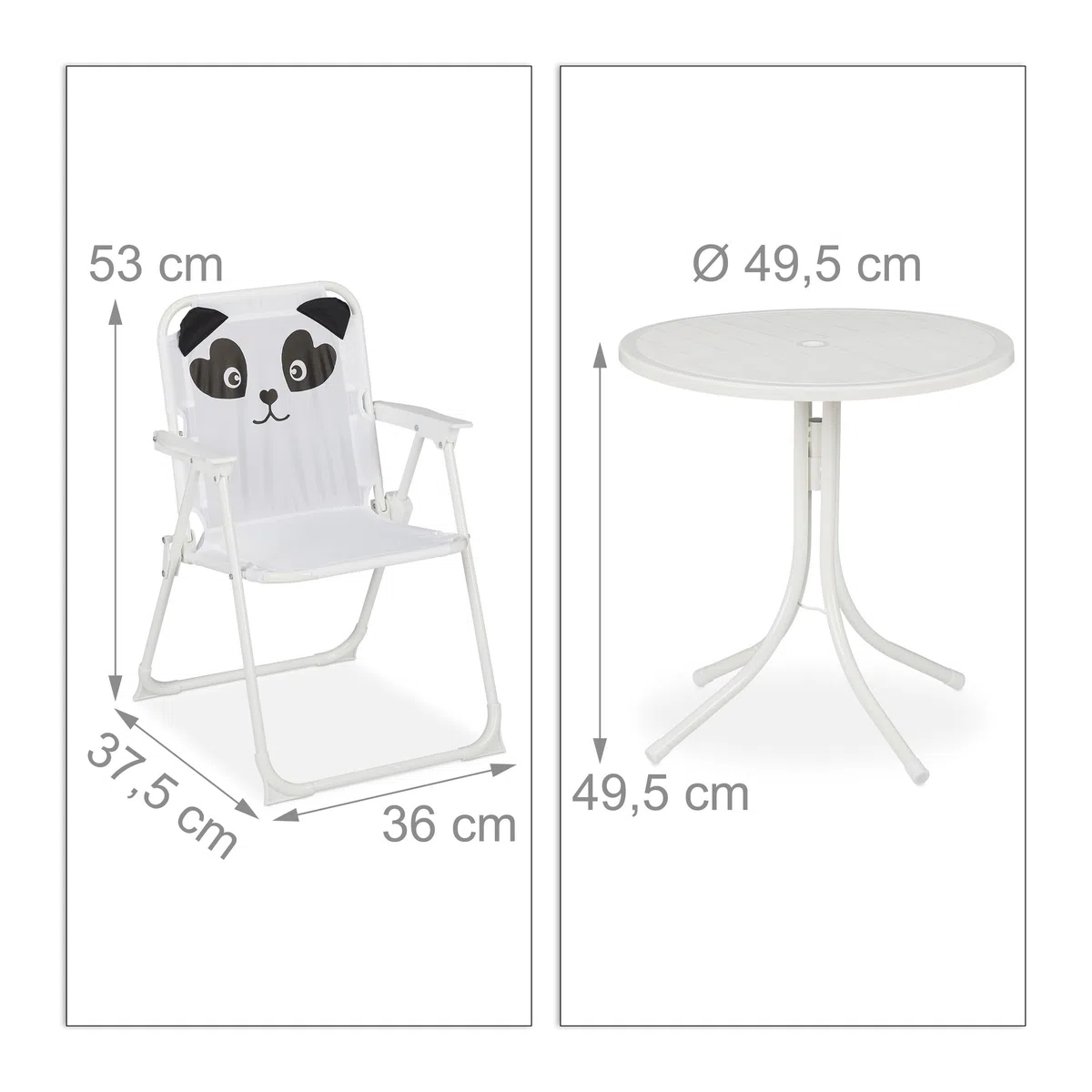 Relaxdays, Biały zestaw mebli kempingowych dla dzieci z parasolem, składanymi krzesłami i stołem, zestaw ogrodowy dla dzieci, panda, 10028889_1094