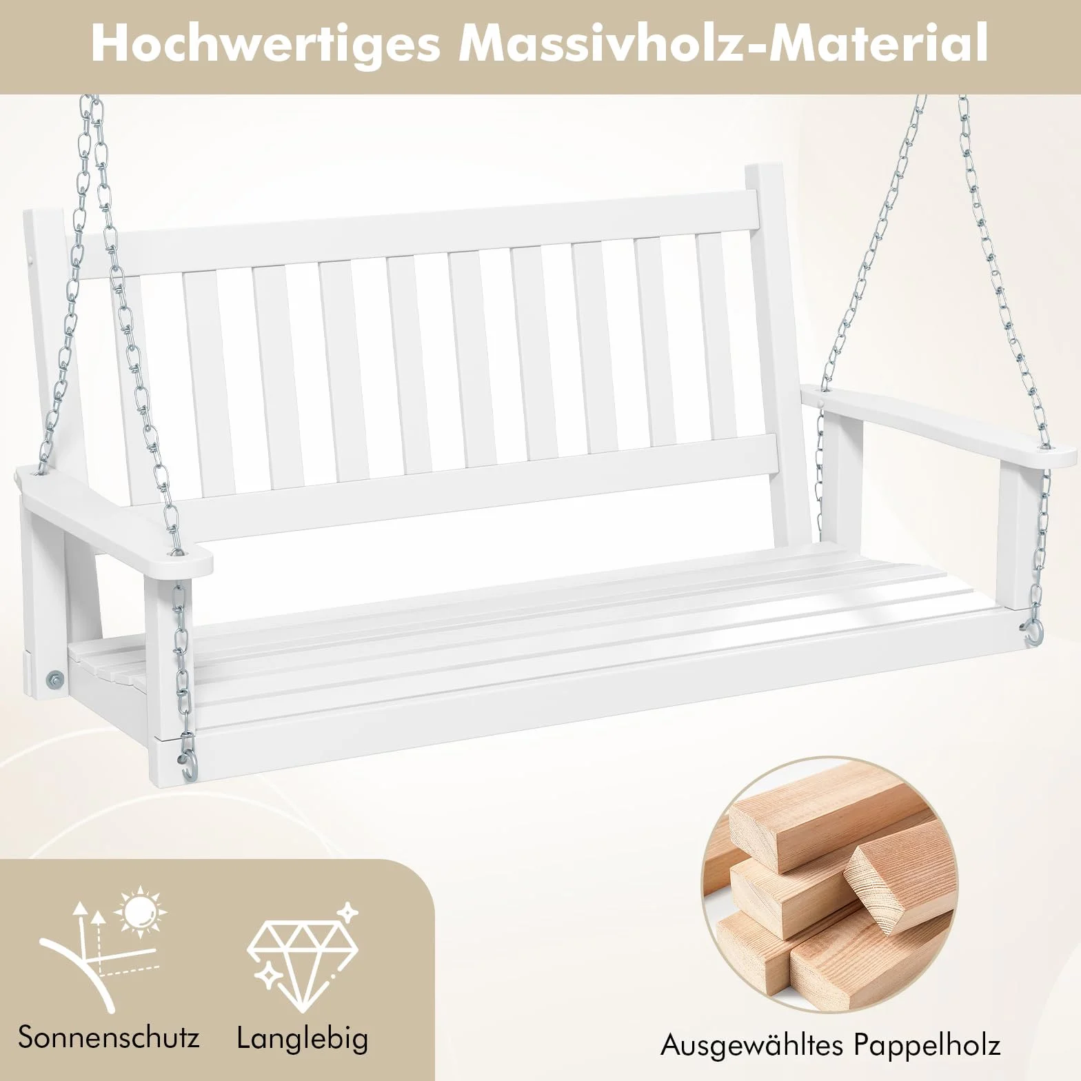 COSTWAY Ławka wisząca z litego drewna, 3-osobowa huśtawka ogrodowa, huśtawka Hollywood do zawieszenia, obciążenie do 360 kg, biała, 168 x 65 x 63 cm
