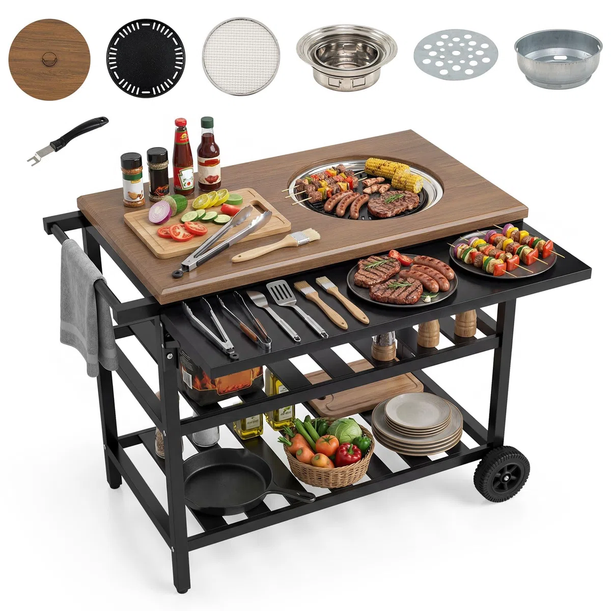 COSTWAY Grill na kółkach, stół grillowy na kółkach, składany stół boczny, powierzchnia robocza o wyglądzie drewna i 2 półki, metal, na taras, 94,5 x 75 x 78,5 cm, brązowy