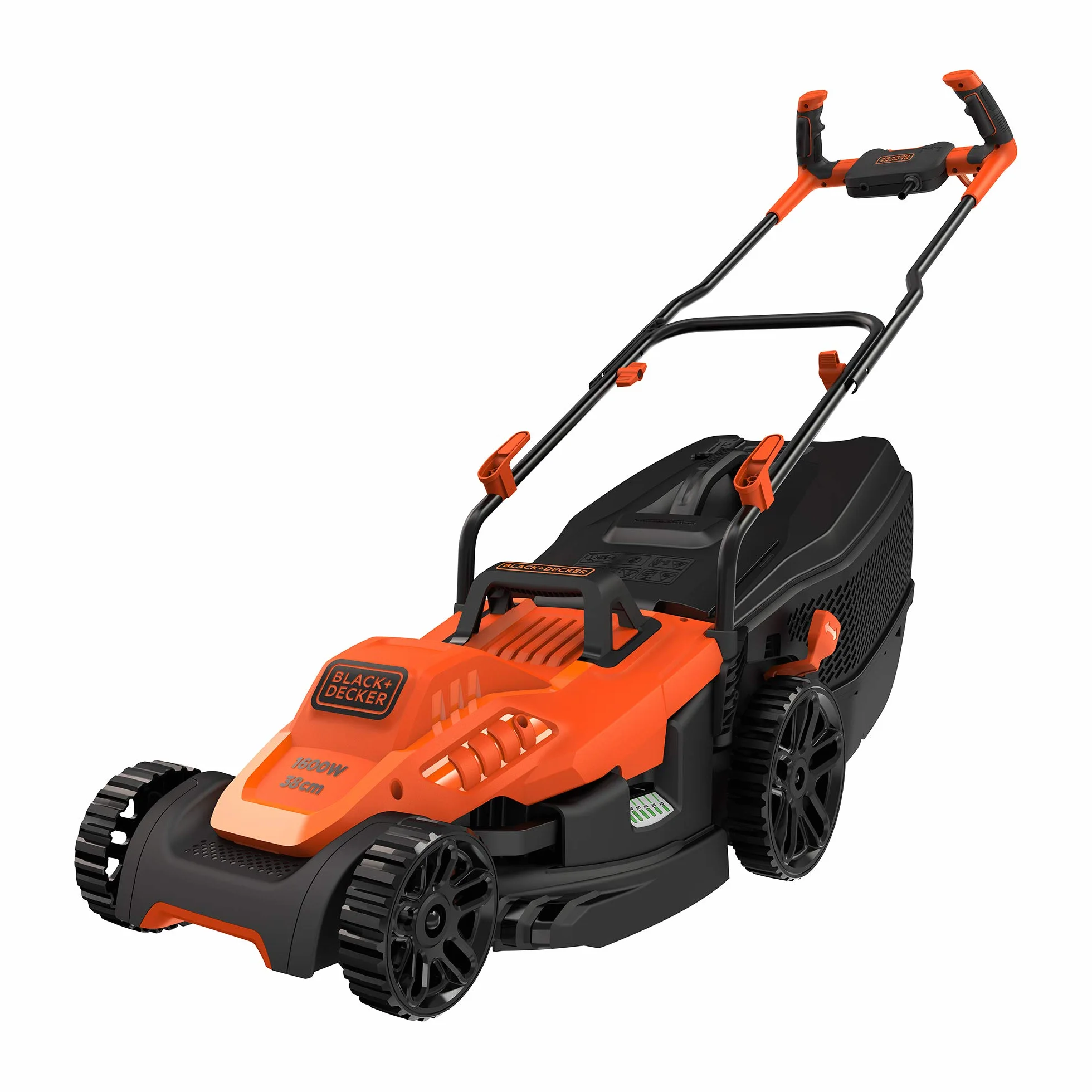 BLACK+DECKER Kosiarka przewodowa 1600 W, elektryczna kosiarka do trawy 38 cm, 6 regulowanych wysokości 20, 30, 40, 50, 60 i 70 mm, kosiarka z uchwytem Bike, BEMW471BH-QS pomarańczowa