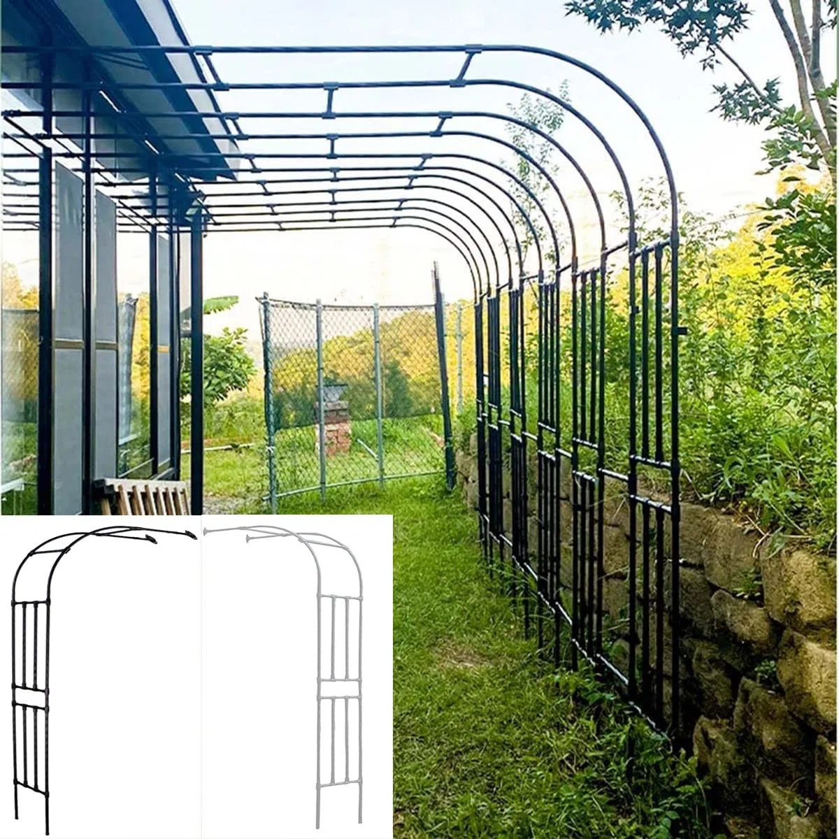 Metalowa altana ogrodowa z powłoką PE, 240 cm, wysoka, odporna na rdzę, kratka na róże i pnącza, od strony ściany, do samodzielnego wykonania, elegancka czarno-biała dekoracja ogrodowa (szer. 120 x